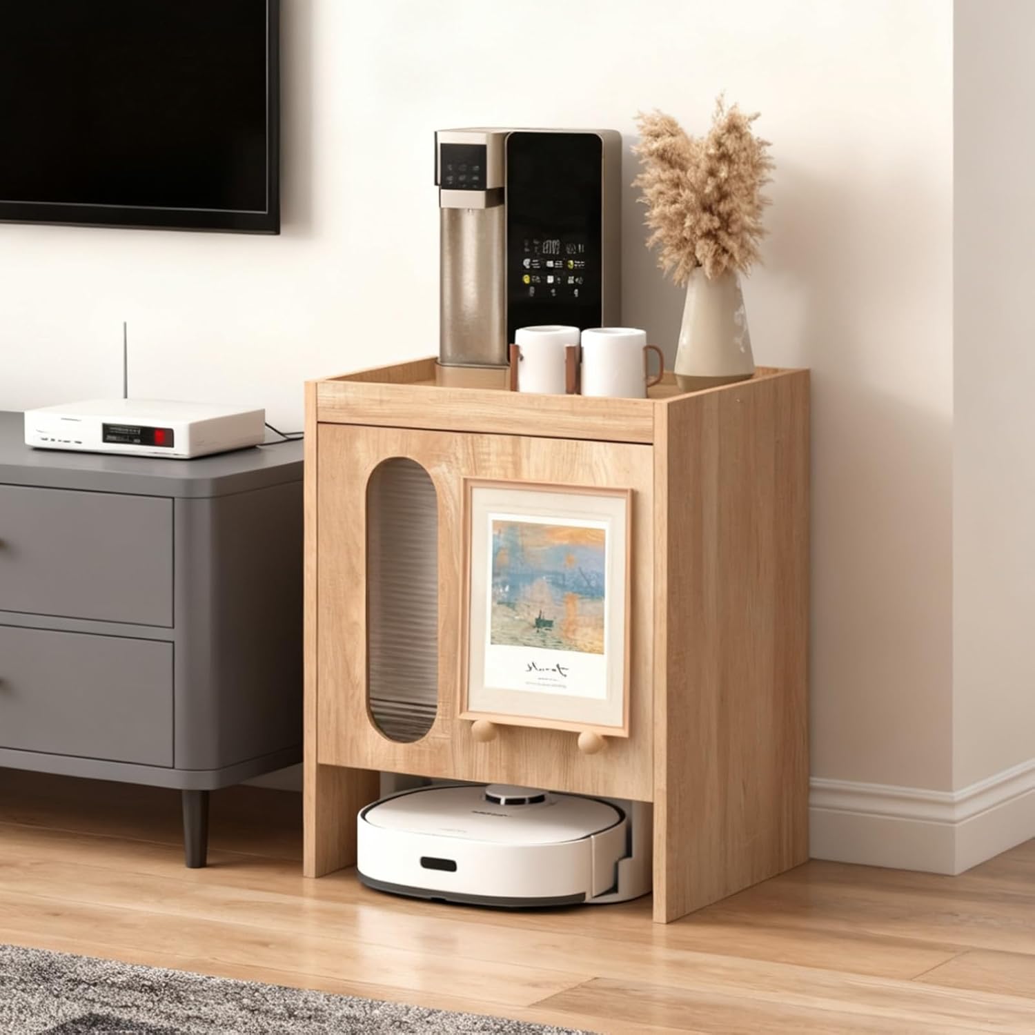 Robot Vacuum Storage Rack Wooden Bedside Table Modern Side Table Storage Cabinet Pull-Out Top Panels Accent Side Tables For Bedroom Living Room Dorm Room Hallway Multi Scenario Use(Natural)