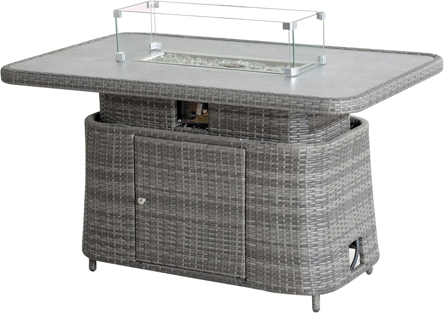 Height Adjustable Fire Pit Table, 2-in-1 Design with 50,000 BTU Burner, Brown Rattan Wicker, 19.68-28.34 inch Adjustable Height, Glass Wind Guard (Grey)