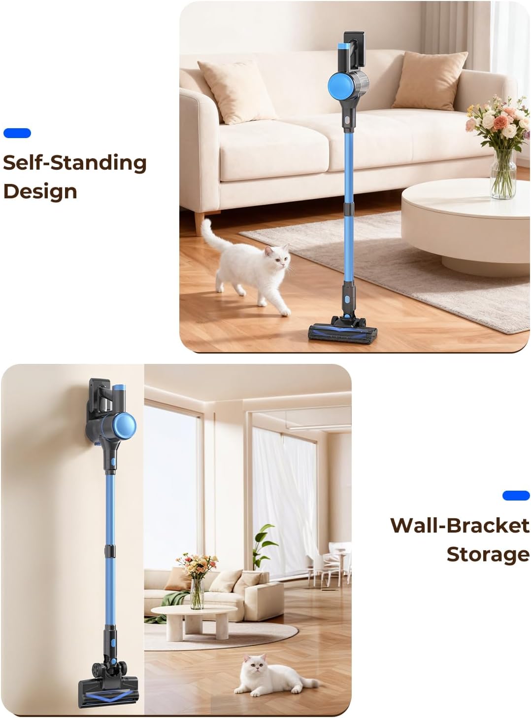 N8 Cordless Vacuum Cleaner, Lightweight Stick Vacuum with Powerful Suction, 2200mAh Battery, 40 Mins Runtime, Self-Standing, Rechargeable Vacuum Cleaners for Home Hardwood Floor Carpet Pet Hair