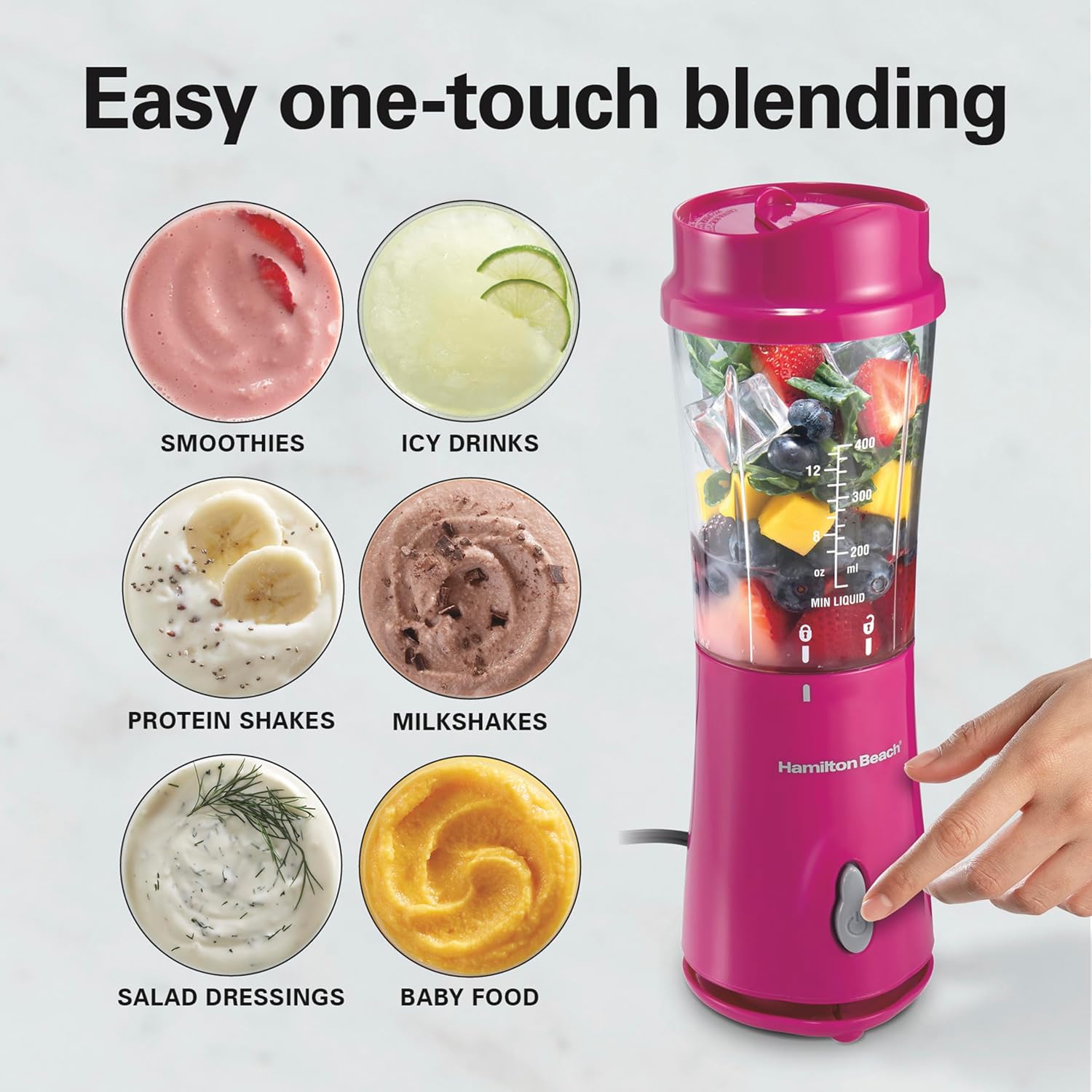 Hamilton Beach Portable Blender for Shakes and Smoothies, 14 Oz BPA Free Travel Cup & Lid, Durable Stainless Steel Blades, Personal Smoothie Blender, Raspberry, 51131G