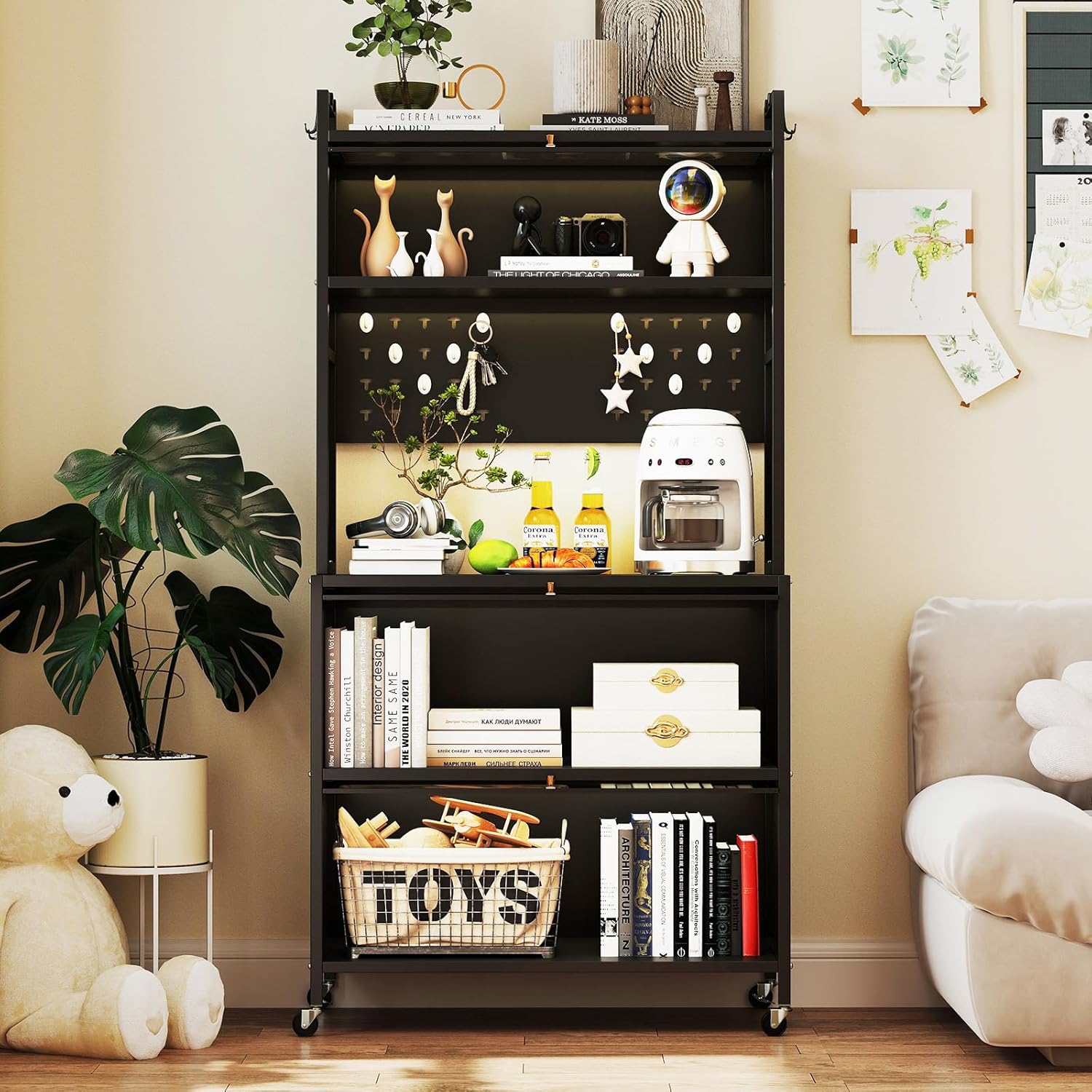 Giantex 5 Tier Rolling Kitchen Bakers Rack with Wheels, Microwave Stand with Flip Door Storage Cabinets, Pegboard & Hooks, Adjustable Foot Pads, Standing Pantry for Home Coffee Bar (Black)