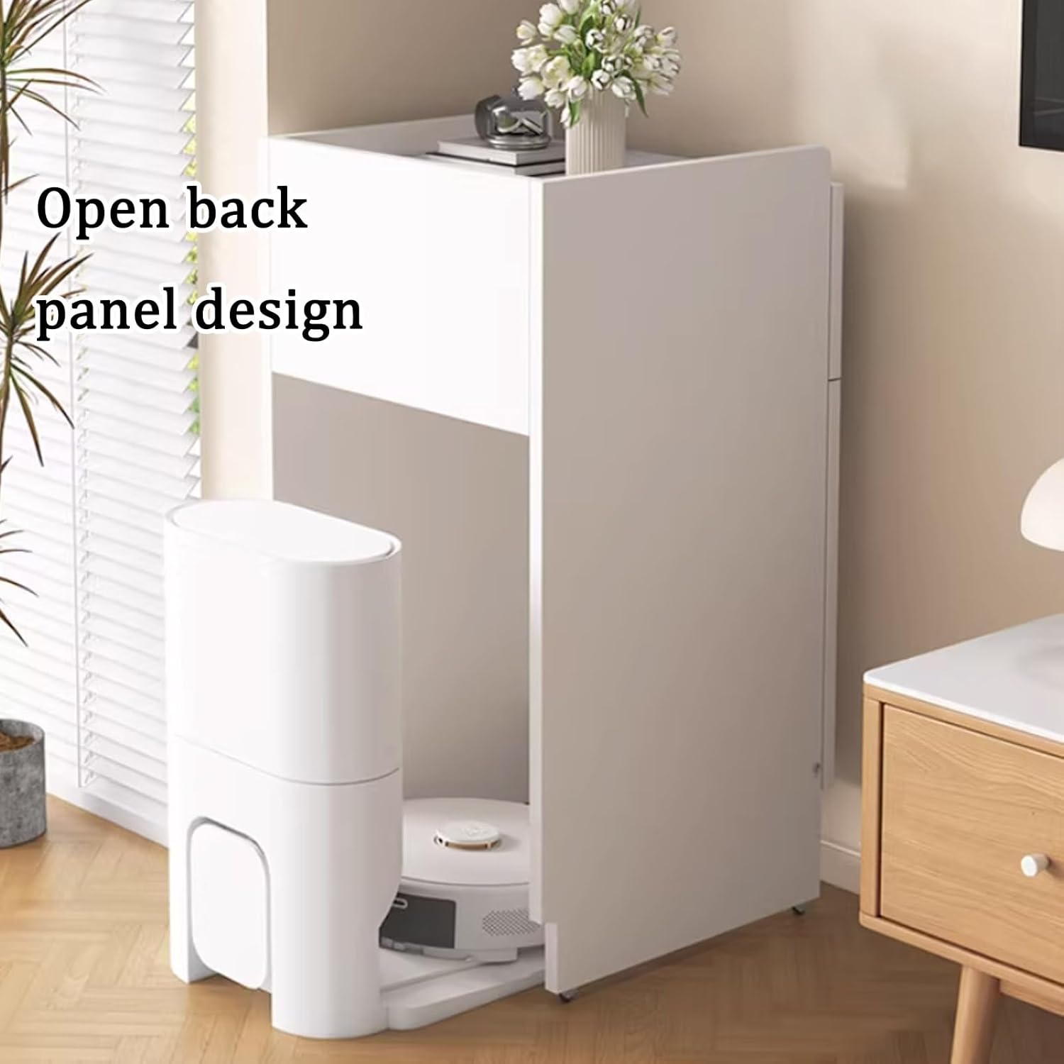 Robot Vacuum Stand Cabinet, Hidden Cabinet for Sweeping Robots, Robot Vacuum Storage Cabinet with Wheels, Side Table with Drawer and Doors(Champagne,19.6x15.7x29.5'')