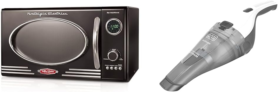 Nostalgia Retro Countertop Microwave Oven & BLACK+DECKER dustbuster QuickClean Cordless Handheld Vacuum, White (HNVC215B10)