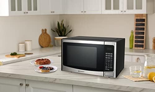 Emerson 1.2 Cu. Ft. Microwave Oven with Inverter, Timer & LED Display, 1000W, 10 Power Levels, 8 Pre-Programmed Settings, Removable Glass Turntable with Child Safe Lock, MWI1212SS, Stainless Steel