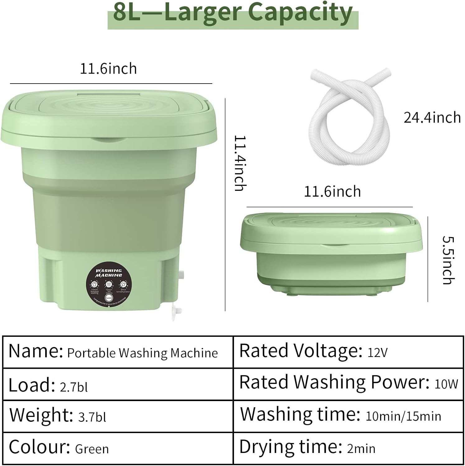 Portable Washing Machine,8L Foldable Mini Washing Machine,FOVXYVO Portable Washer for Underwear,Socks,Baby Clothes,Towels,Pet Items,Apartment,Hotel,RV,Home,Dormitory,Camping,Sickroom,Green
