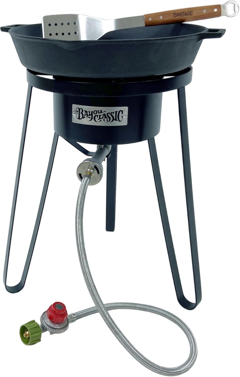 Bayou Classic Outdoor Cooking Combo – High Pressure Propane Burner, 16-in Cast Iron Skillet & Stainless Grill Spatula for Backyard & Camp Cooking
