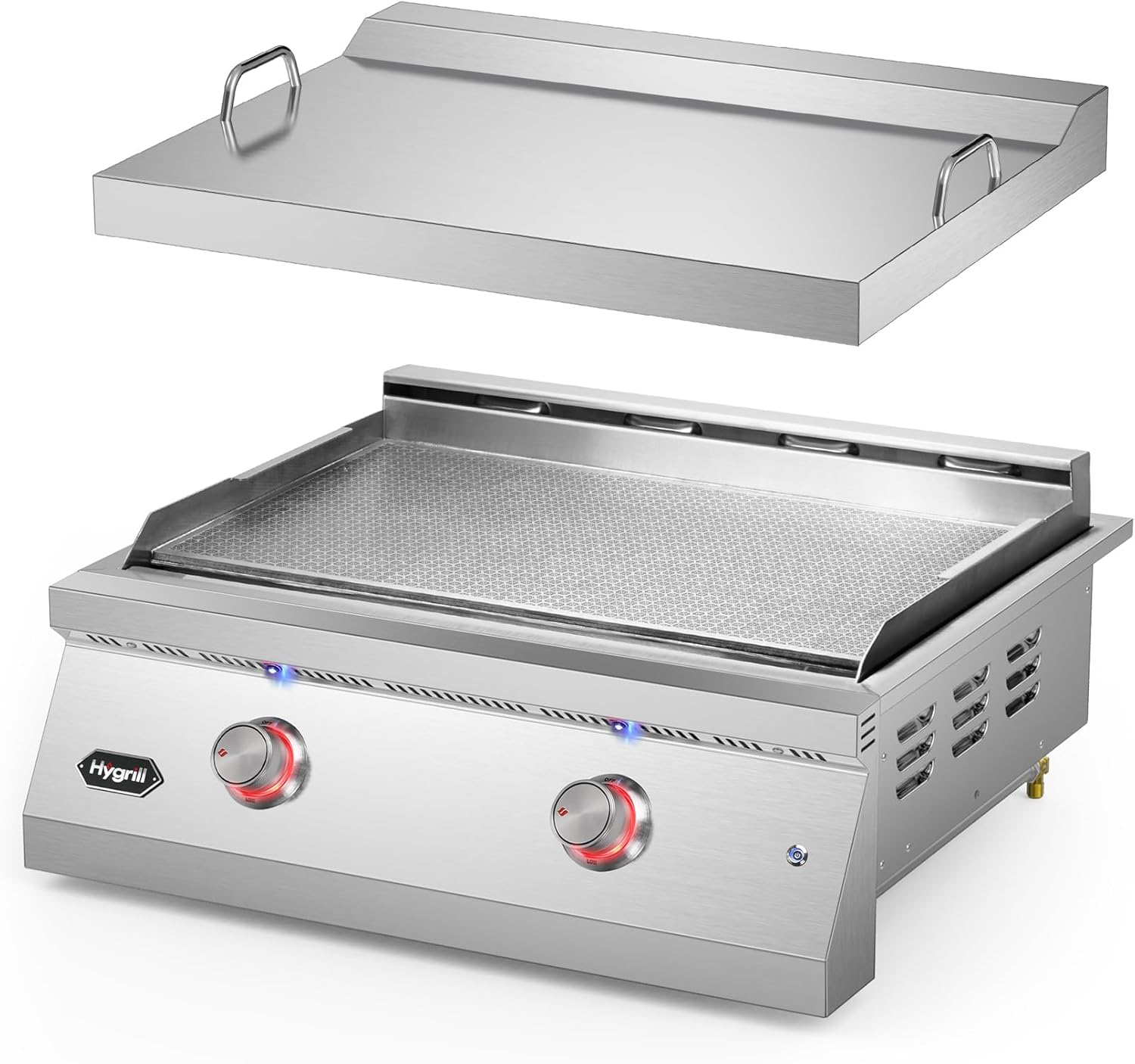 Hygrill 30-Inch Premium Built-In Liquid Propane Griddle for Outdoor Kitchen, Durable Stainless Steel 2-Burner Flat Top Grill with Lid and LED lights, 36000 BTUs