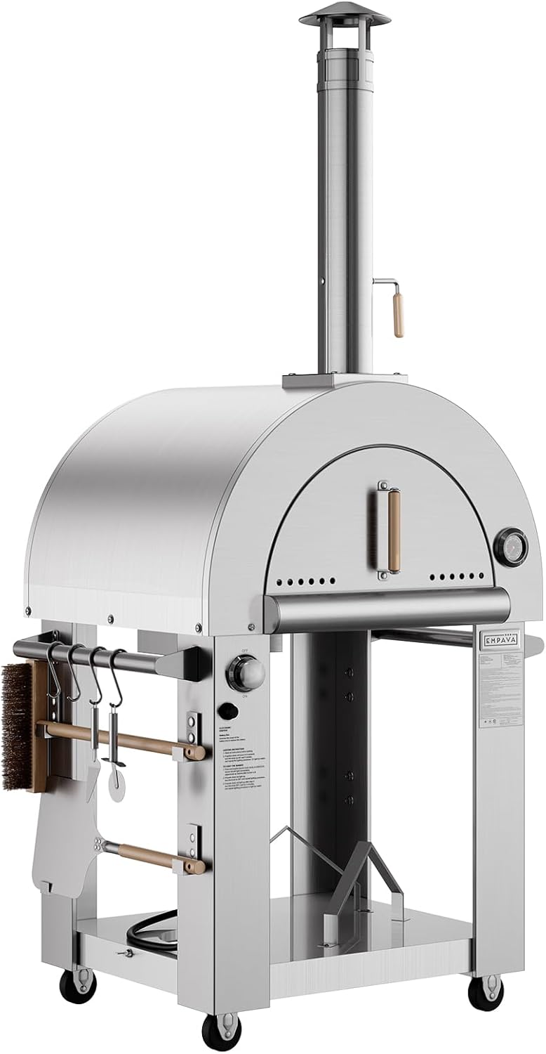 Empava Pizza Oven with Open Shelf and Wheels, LPG & Wood Fired BBQ Pizza Maker for Grill & Outside Camping Backyard Party in Stainless Steel, 39 Inch, Silver