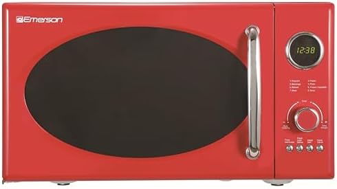Emerson MWRG0901RD 0.9 Cu. Ft. Retro Microwave with 1,000W Grill Function, 800W Cooking Power, LED Display, 5 Power Levels, 8 Auto Menus, Glass Turntable, Child Lock, Red Countertop Design