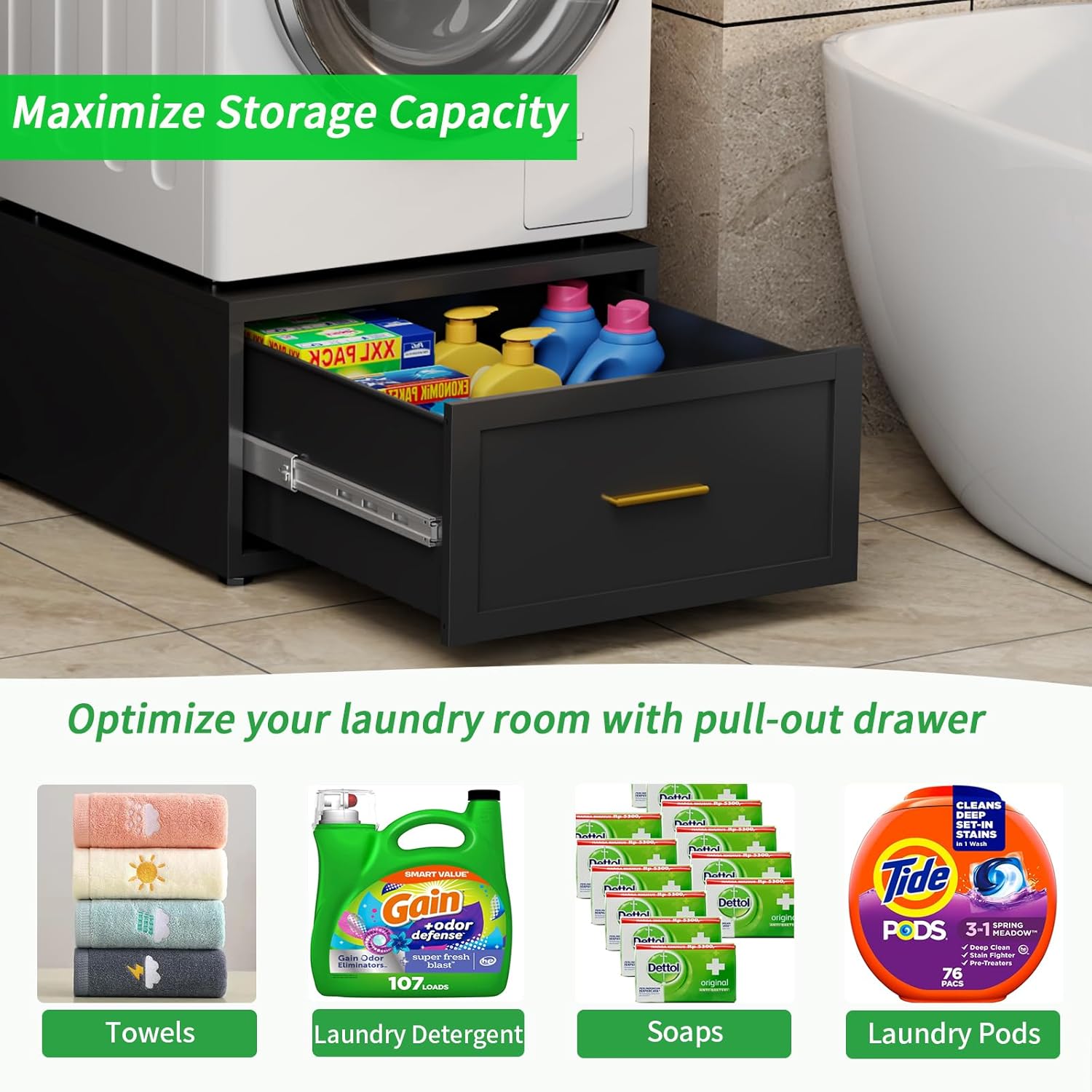 Washer Dryer Pedestals with Drawer, 440LBS Heavy Duty Anti-Vibration Washing Machine Stand, Multi-Functional Metal Freestanding Washer and Dryer Pedestals, Universal Laundry Pedestal (BLACK)