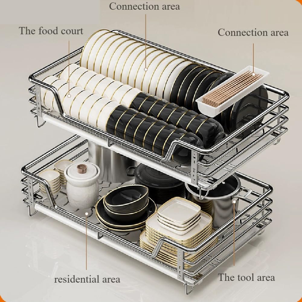 Kitchen Pull Out Cabinets Organizer, 304 Stainless Steel Wire Basket Sliding Drawer for Cabinet Storage Shelves Heavy Duty Slide Out Pan Lid Cookware Organizer for small kitchen appliances, spice seas