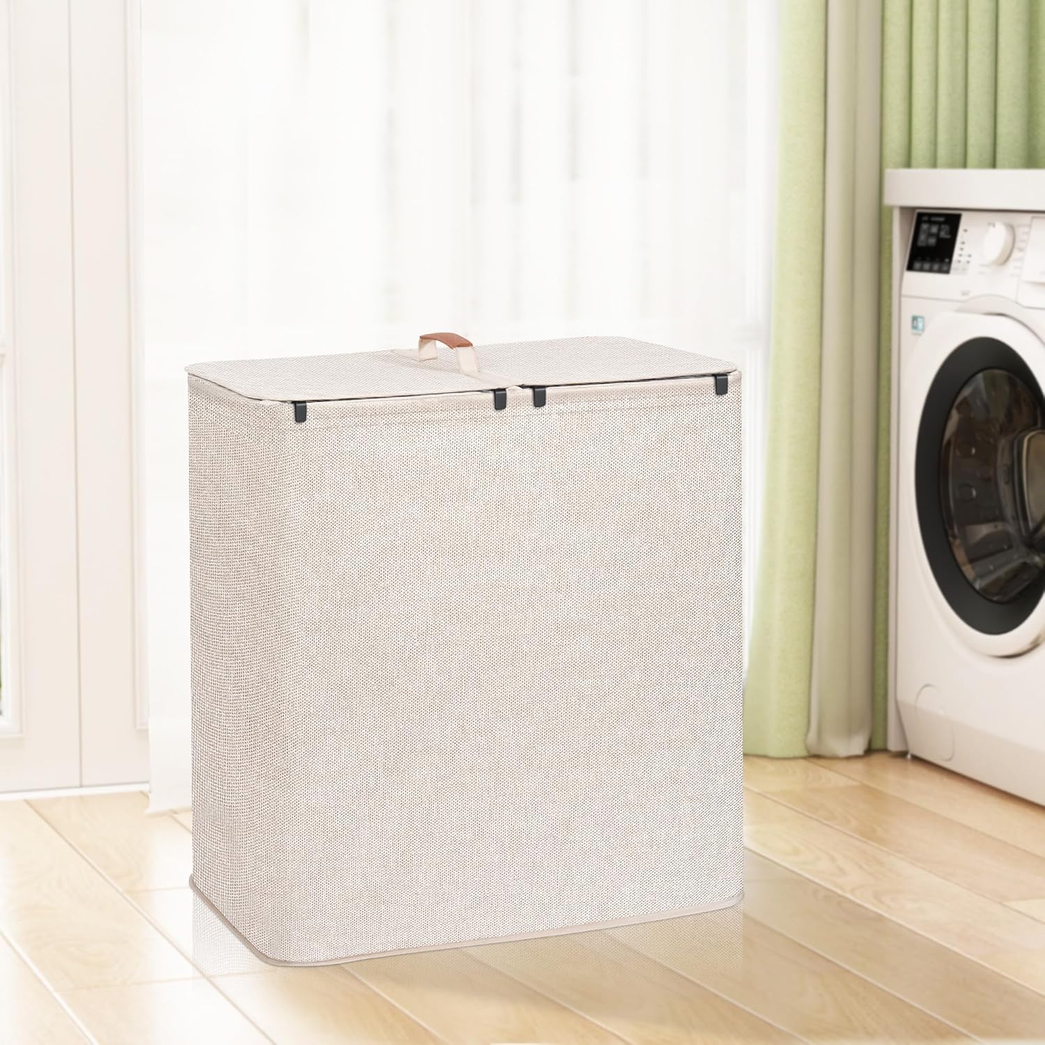 STORAGE MANIAC Double Laundry Hamper, 136L Laundry Sorter with Lid and Removable Bags, Clothes Hamper, Large 2 Section Clothes Basket with Handles for Small Space, Dorm, Closet, Bathroom, Beige