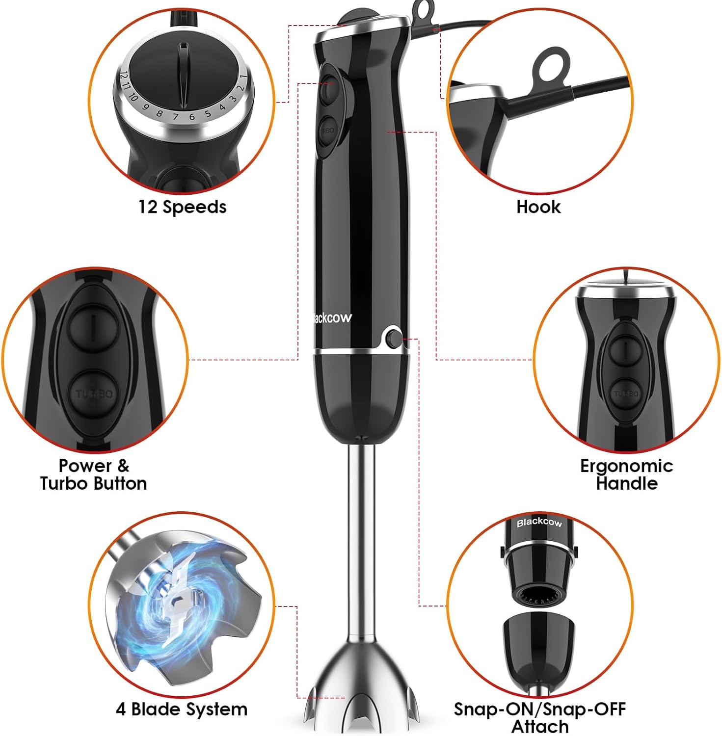 Immersion Blender Set for Kitchen,500W Extra Quiet Emulsion Blender Handheld,12 Speed Electric Hand Mixer with BPA Free Attachments:Chopper Bowl,Whisk,Milk Frother,Measuring Cup