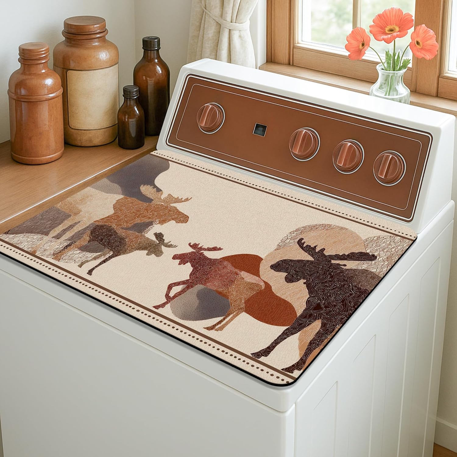 Moose Washer Dryer Top Protector Mat, Earthy Abstract Animal Design Laundry Machine Dust Cover, Rustic Nature Rubber Anti-slip Waterproof Washer And Dryer Mats for Home 20x24 Inch