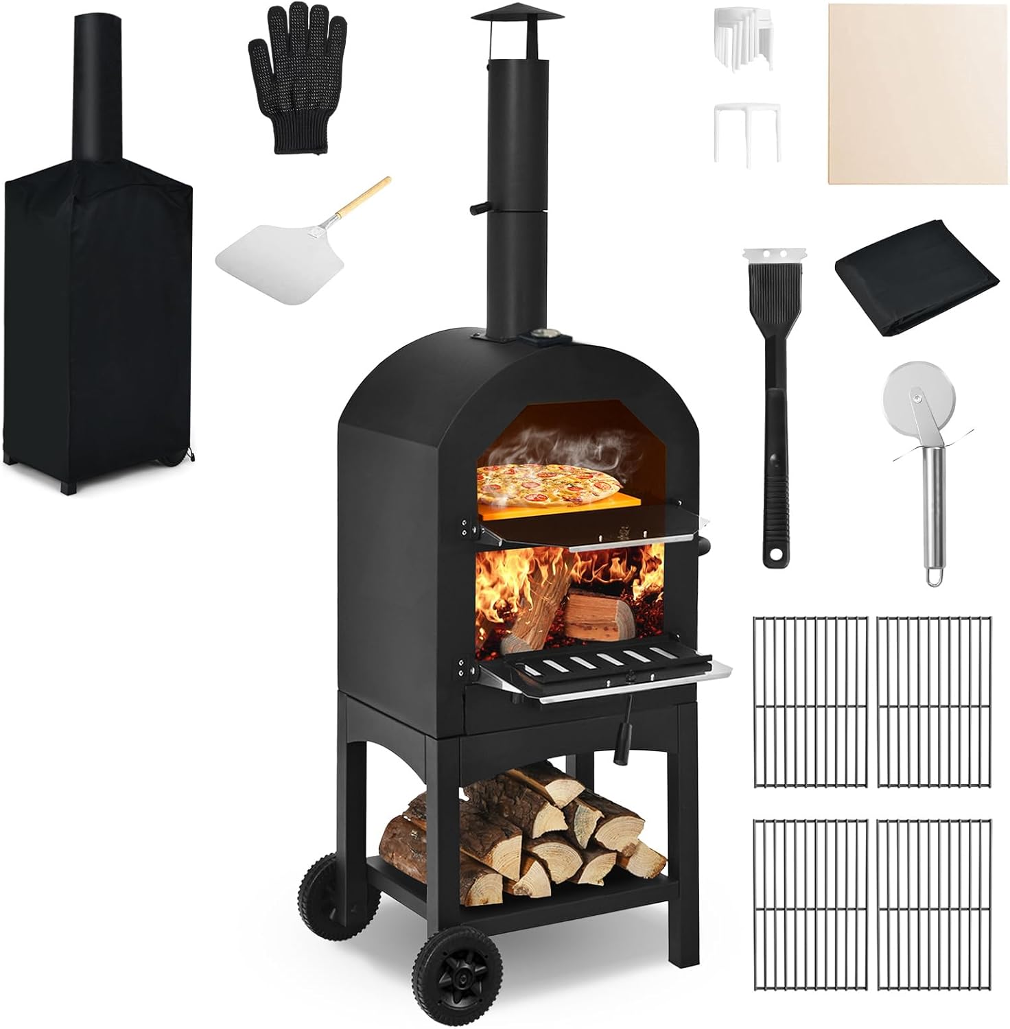 COSTWAY Outdoor Pizza Oven, Wood Fired Pizza Oven for Outside, Patio Pizza Grill with Pizza Stone, Pizza Peel, and Waterproof Cover for Backyard Camping