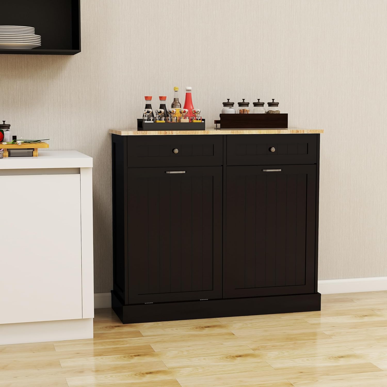 Two Drawers&Compartment Tilt-Out Trash Cabinet, Black Kitchen Trash Cabinet-Ideal for Kitchen Island Extension, Laundry Room Storage, Recycling, Holding Small Appliances