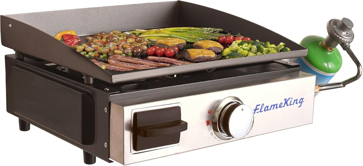 Flame King Flat Top Portable Propane Cast Iron Grill Griddle Tabletop for Outdoor Camping, Tailgating, Outdoor Cooking