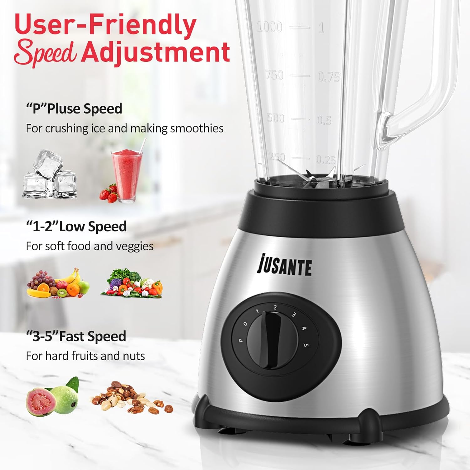 Blender for Smoothies, 1000W Glass Blender for Kitchen Countertop with 48oz Glass Jar Ice Crusher or Juice, Milkshake, Dessert