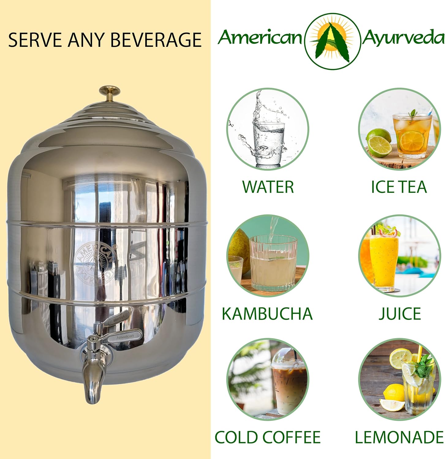 5 Gallon Counter Top Stainless Steel Beverage Dispenser with Faucet Spigot, handle and Lid to Dispense Chilled Water, Beverages, Tea, Soda, Juice