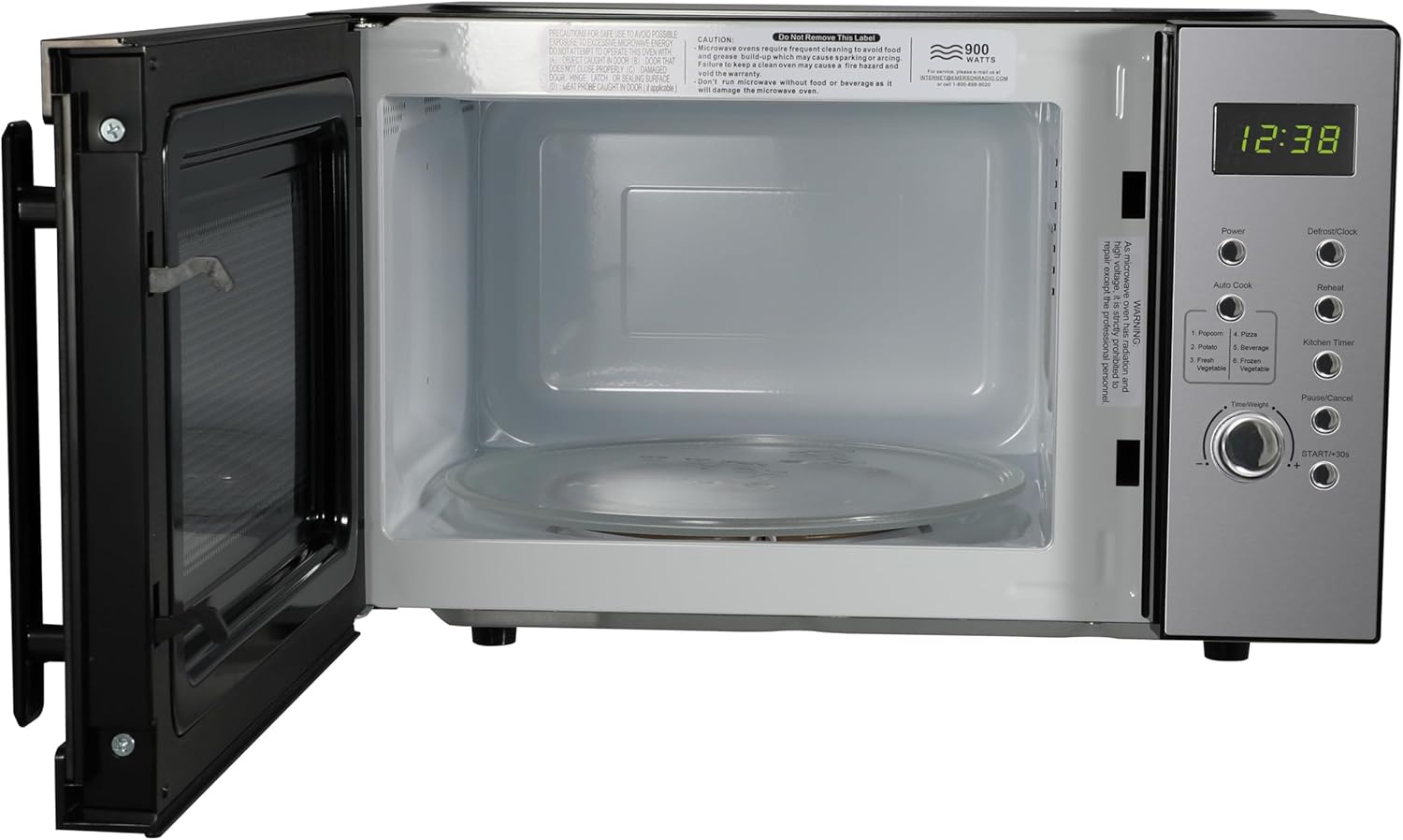 Emerson MW9005SS Compact Countertop Microwave Oven with Push Button Control, LED Display, 900W, 5 Power Levels, 6 Auto Menus, Glass Turntable and Child Safe Lock, 0.9 Cu. Ft., Stainless Steel