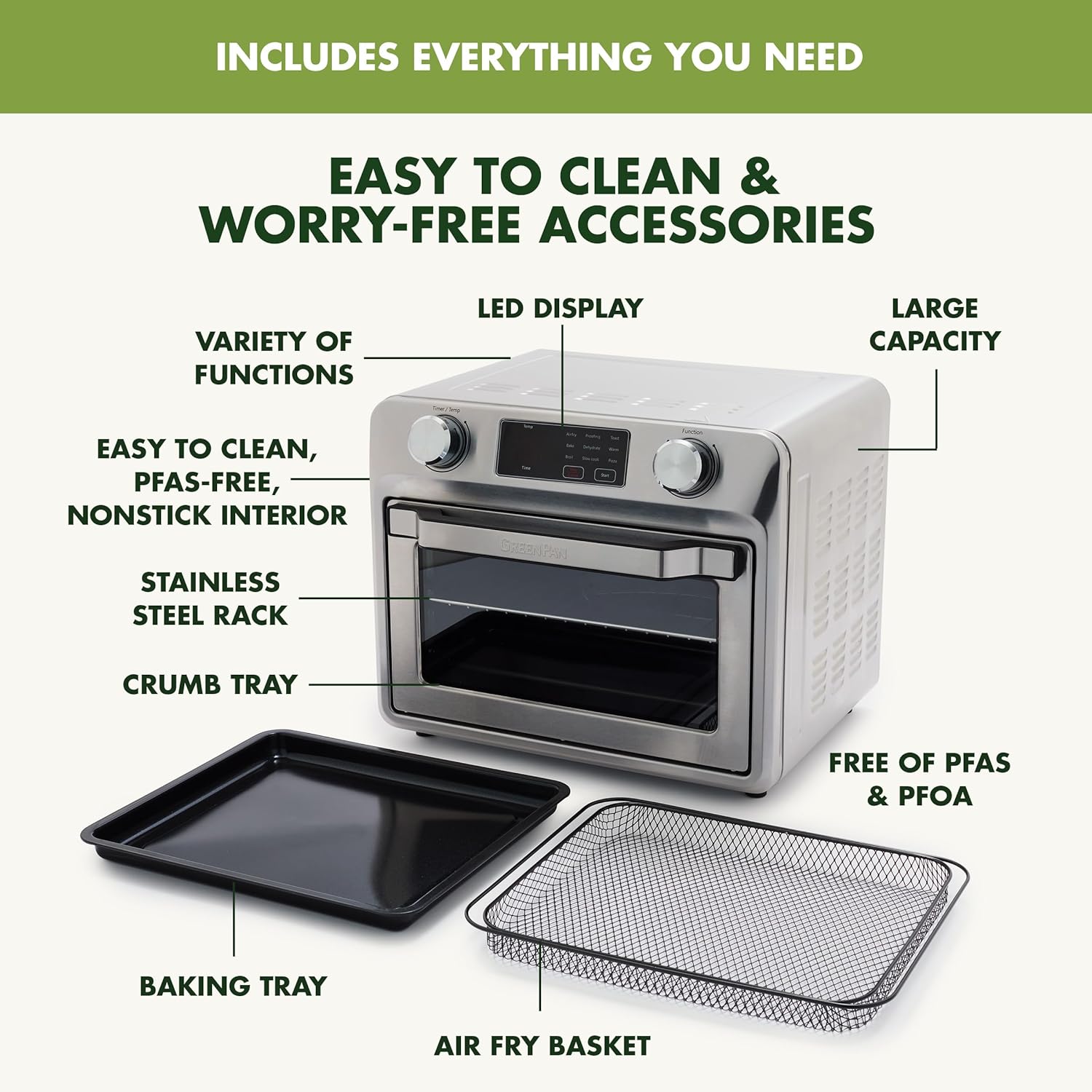 GreenPan Bistro Stainless Steel 9-in-1 Air Fry Oven, Nonstick Baking Pan, Stainless Steel Rack, and Basket, Fast Heating, Multifunction Presets, Cool-Touch Handle, PFAS-Free, Easy Cleanup Crumb Tray