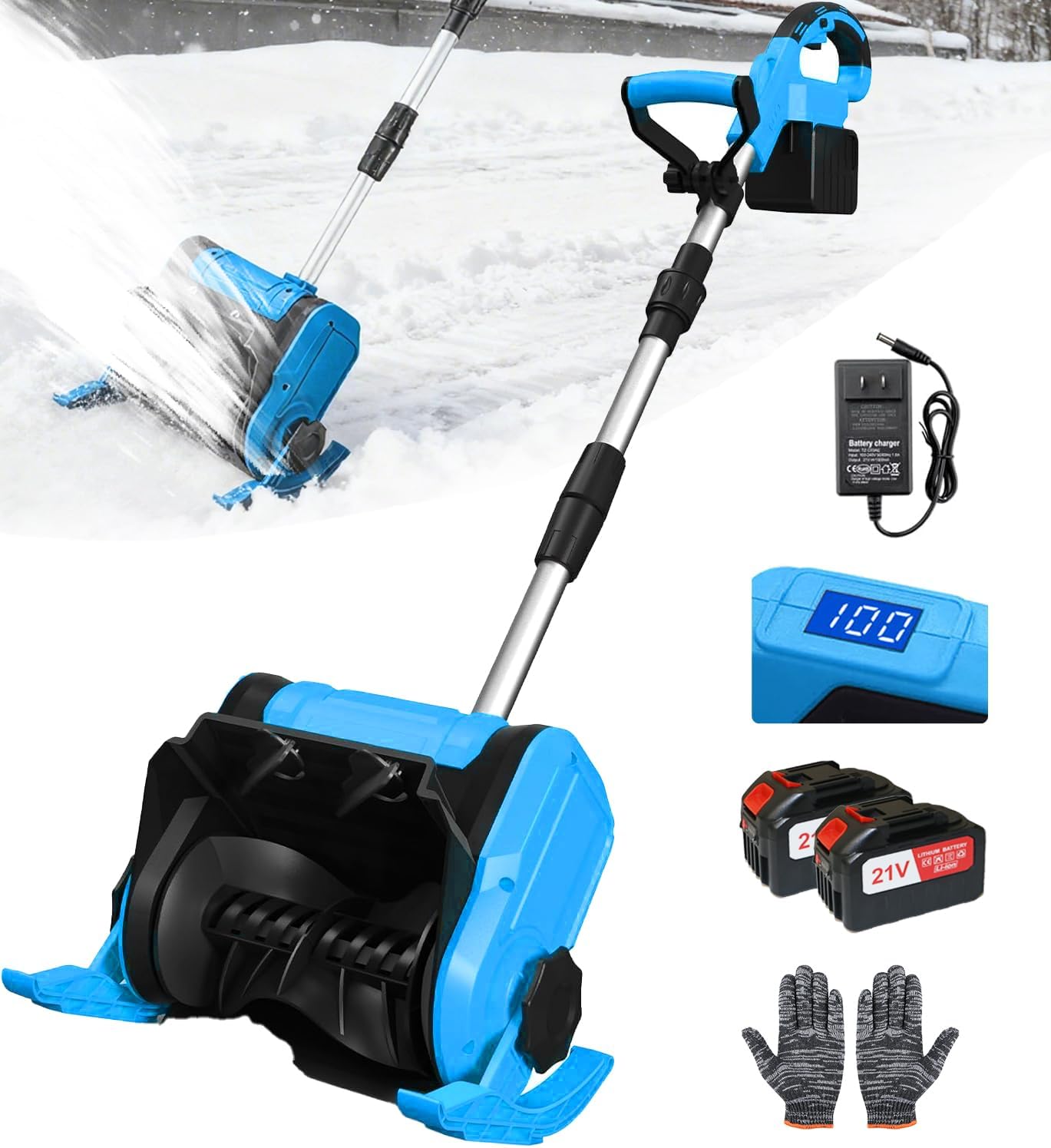 Cordless Snow Shovel, 21V | 12-Inch | 4.5-Ah Battery Powered Snow Blower with LCD Display, Foldable Electric Snow Thrower, 20ft Throwing Distance (2 Battery & Quick Charger Included)