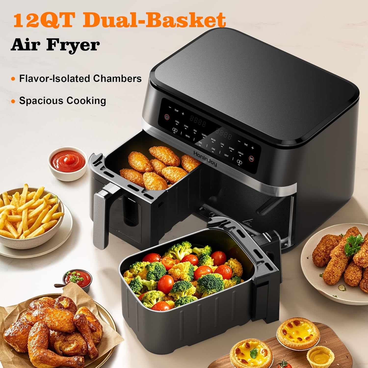 12QT Large Dual Basket Air Fryer with Viewing Window and 50pcs Paper Liners, 10-in-1 Digital Touchscreen Double Zone Air Fryers, SyncCook to Bake,Roast,Reheat,Broil, Nonstick Dishwasher Safe