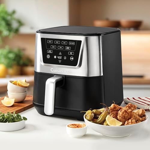 Cuisinart Air Fryer, Large 6-Quart Basket with 4 Cooking Functions to Air Fry, Bake, Roast, and Keep Warm, 3 Presets, PFAS-Free, Dishwasher-Safe Parts, AIR-180, Black & Stainless Steel