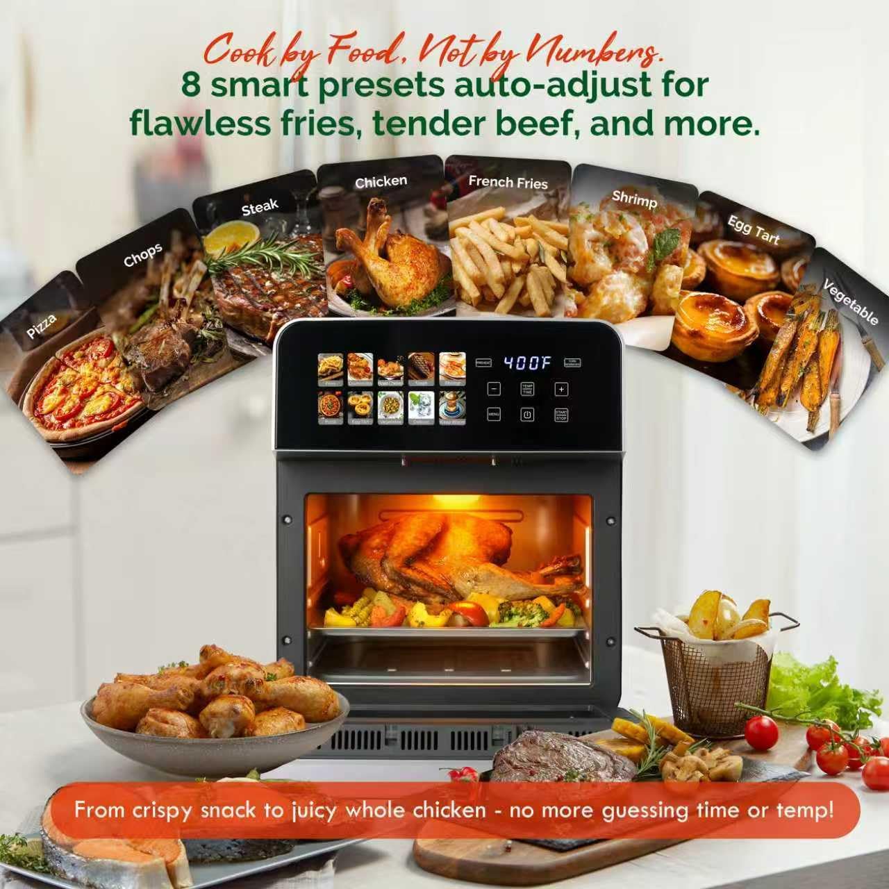 10QT Air Fryer Toaster Oven Combo with 10 Presets, Family Size Compact Oven for Roasting Whole Chicken/Double Cooking, Stainless Steel Interior, Easy Clean, Includes 2 Accessories & Recipe