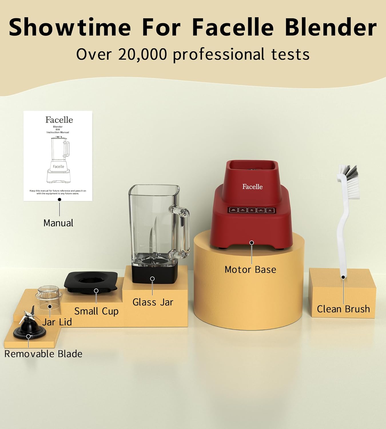 Red Smoothie Blender, Facelle Countertop Blender for Kitchen, 55 oz Glass blender for smoothies and Shakes, Licuadora, Smoothie maker with touchscreen 3+P Speeds, Cleaning brush ＆ removable SS blade