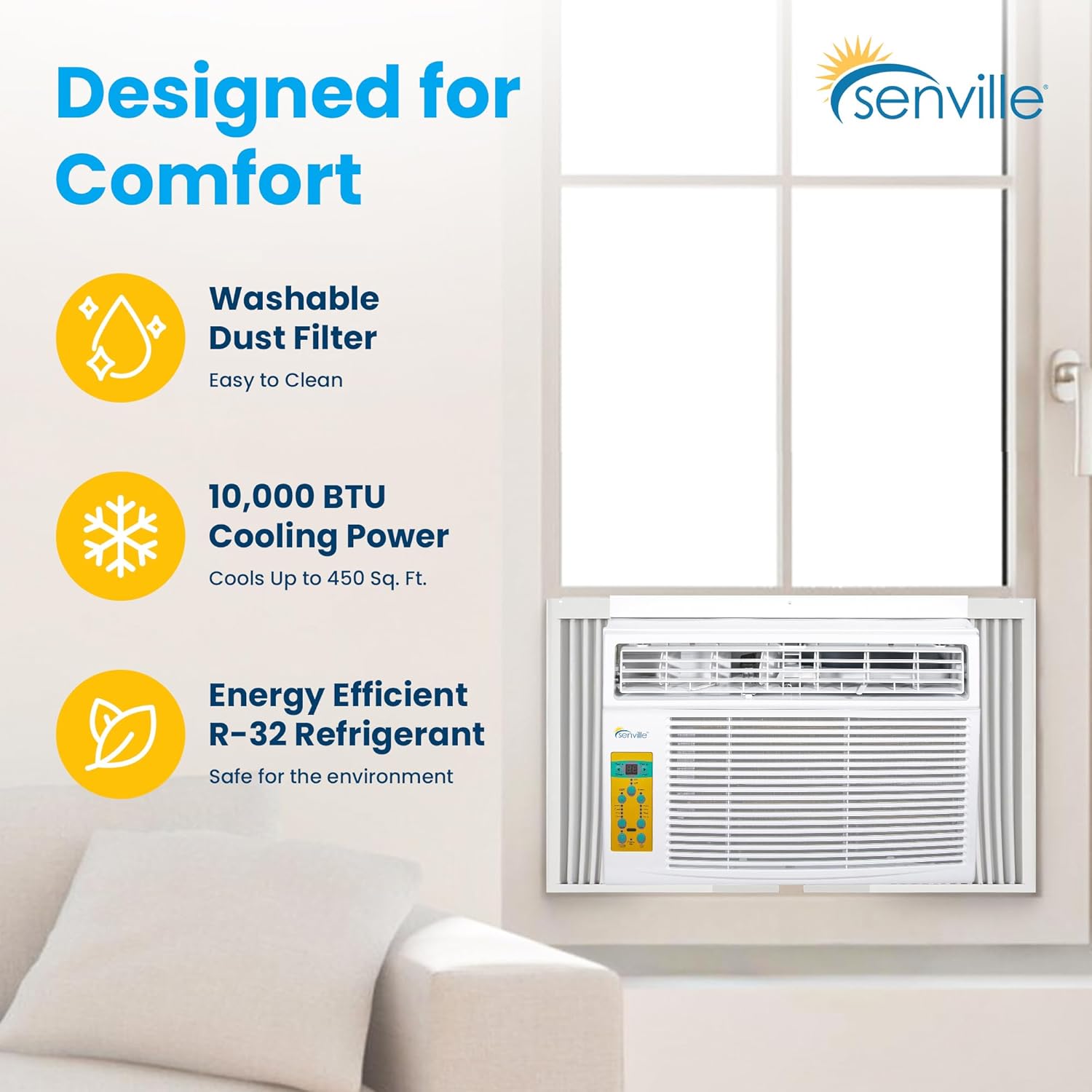 Senville 10,000 BTU Window Air Conditioner, Cools Up to 450 Sq. Ft., Easy to Use, Washable Filter