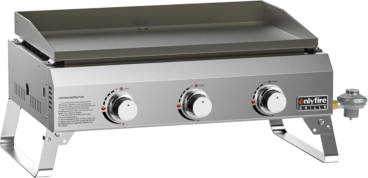 Tabletop Gas Griddle No Lid & Foldable Legs, 3-Burner BBQ Propane Flat Top Griddle, Portable Grill Stove for Outdoor Cooking Patio Party Camping Tailgating RV, Stainless Steel, GS311