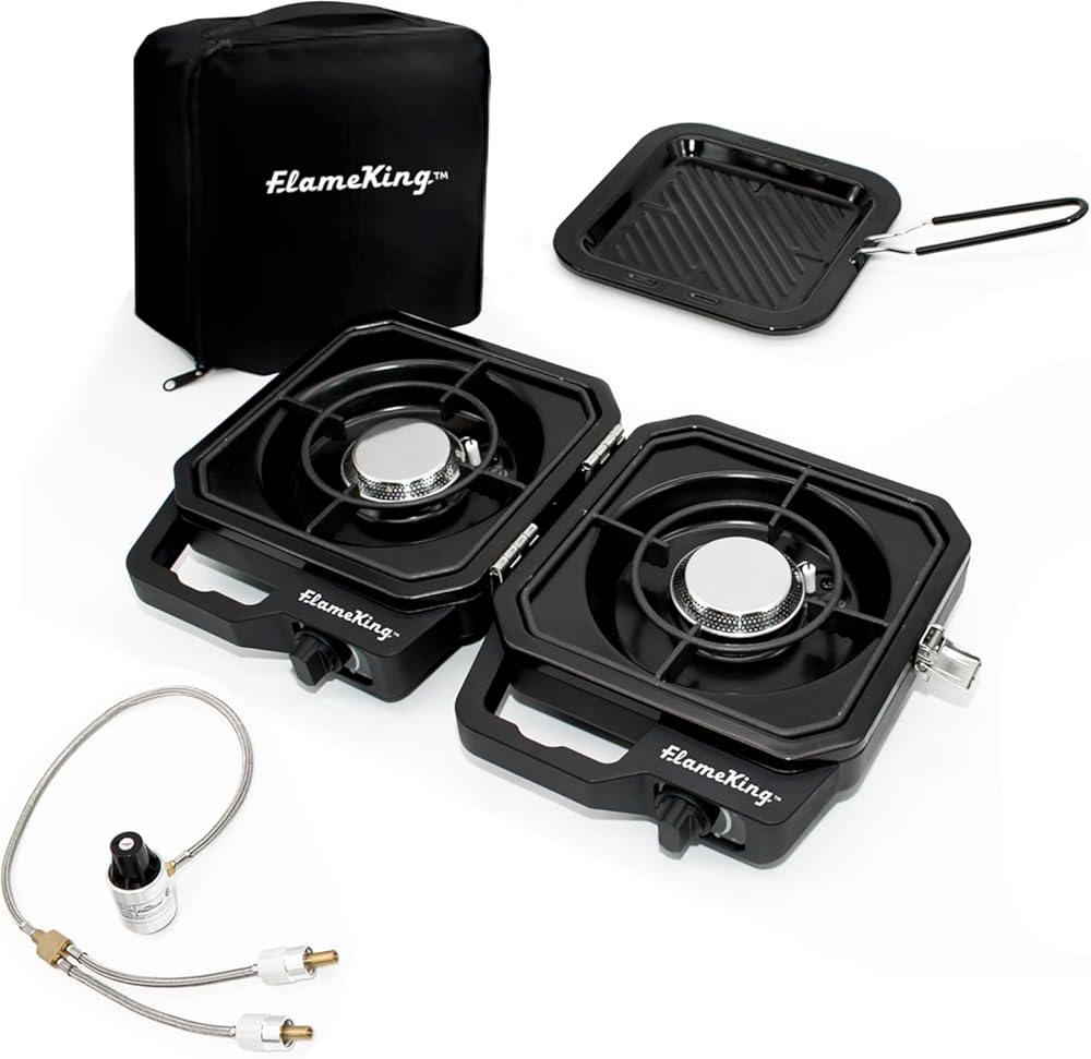 Flame King CampactCooker, Dual Burner Propane Camping Stove with Detachable Grill, Portable Foldable Cooking Stove 12,000 BTU, for Camping, Patio, Emergency, Hiking (Black)