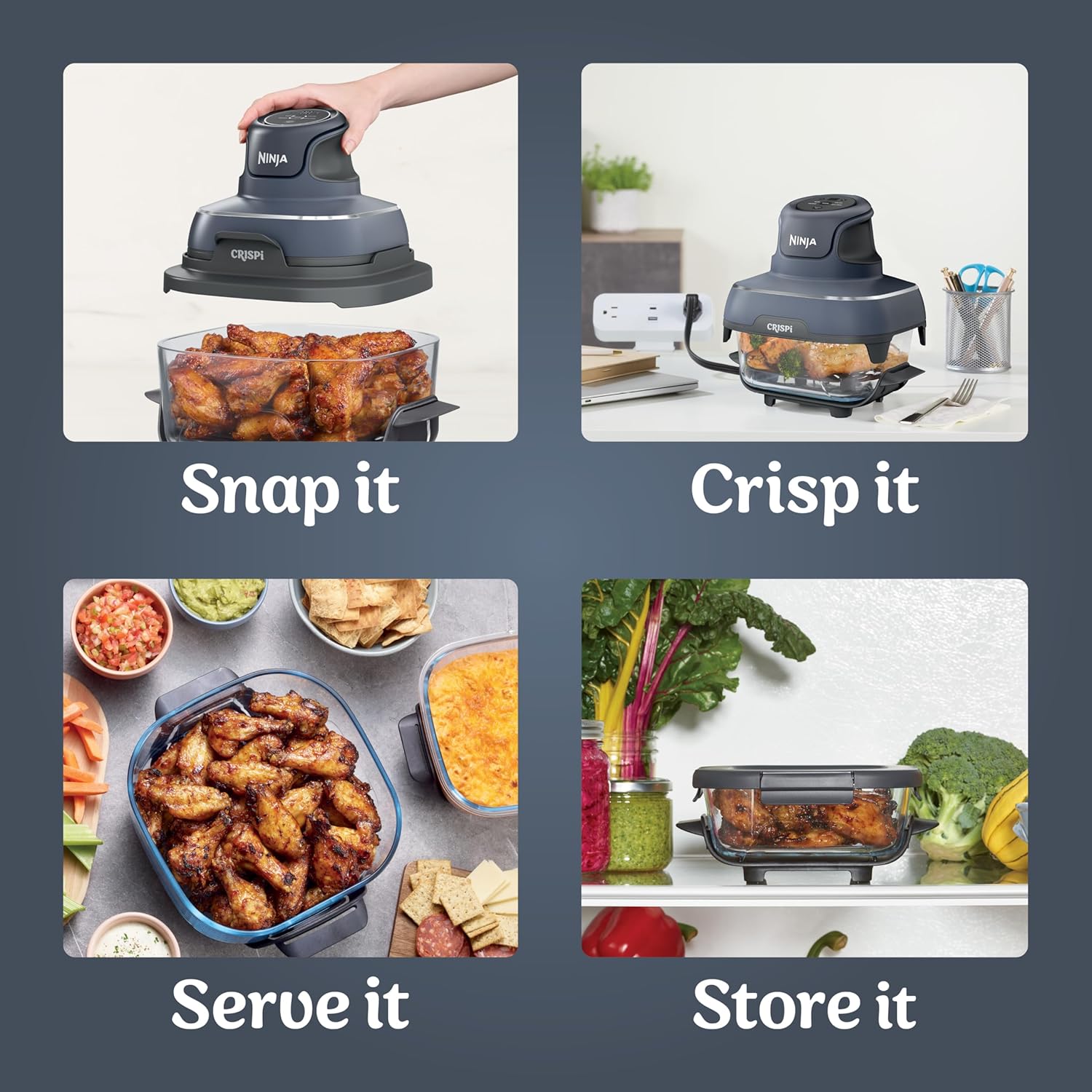 Ninja Crispi Air Fryer, Microwave, Freezer & Dishwasher Safe, Non Toxic Glass Portable Cooking System, 4 QT & 6 Cup Glass Containers with Storage Lids, Easy Meals, Air Fry, Bake, Grey (Renewed)