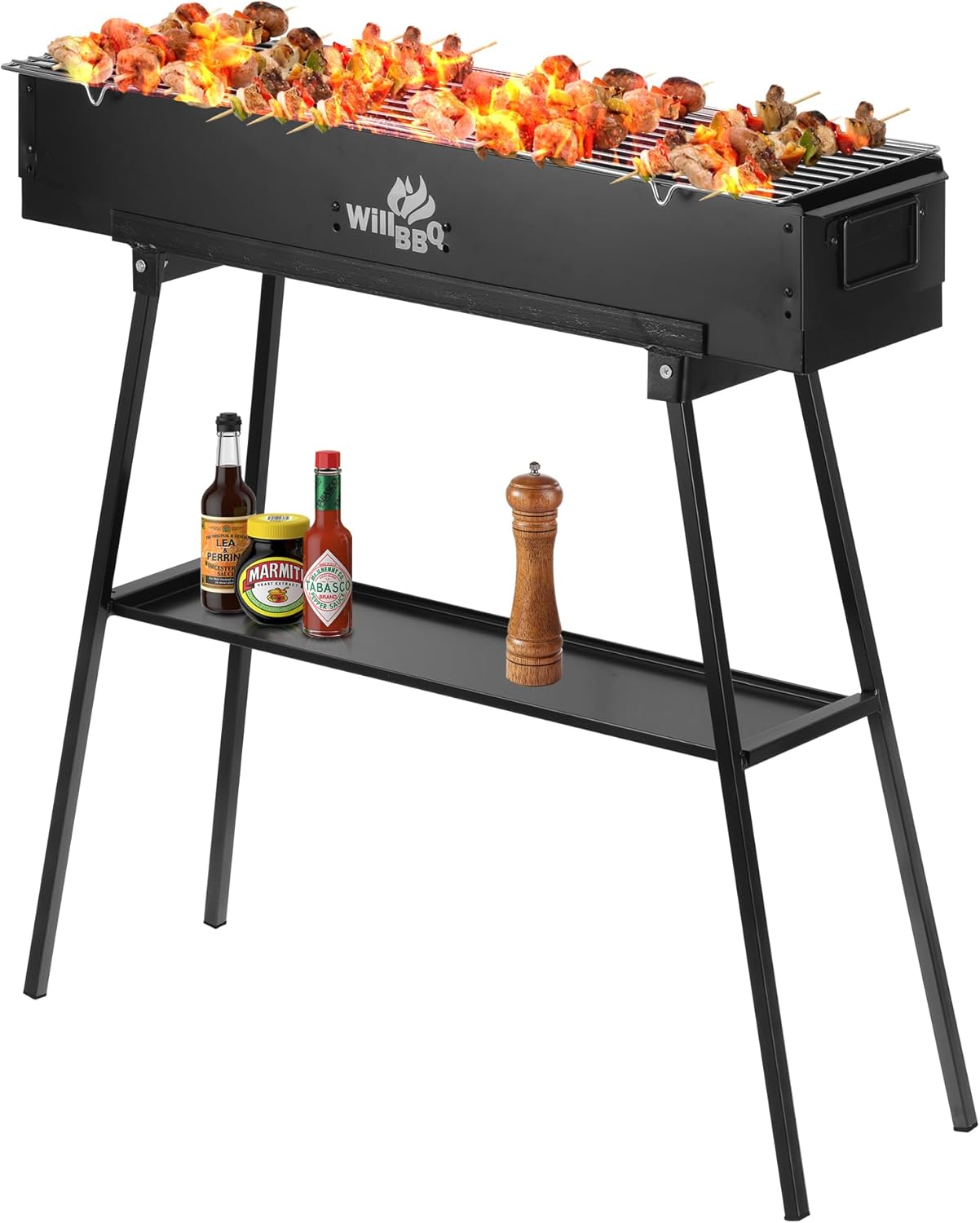 WILLBBQ Charcoal Grills Commercial Quality Portable Hibachi BBQ Folded Camping Barbecue Grill for Backyard Party Outdoor Cooking Use，Perfect Christmas Gifts for Dad (31.6x7.1x5.1 inch), BLACK