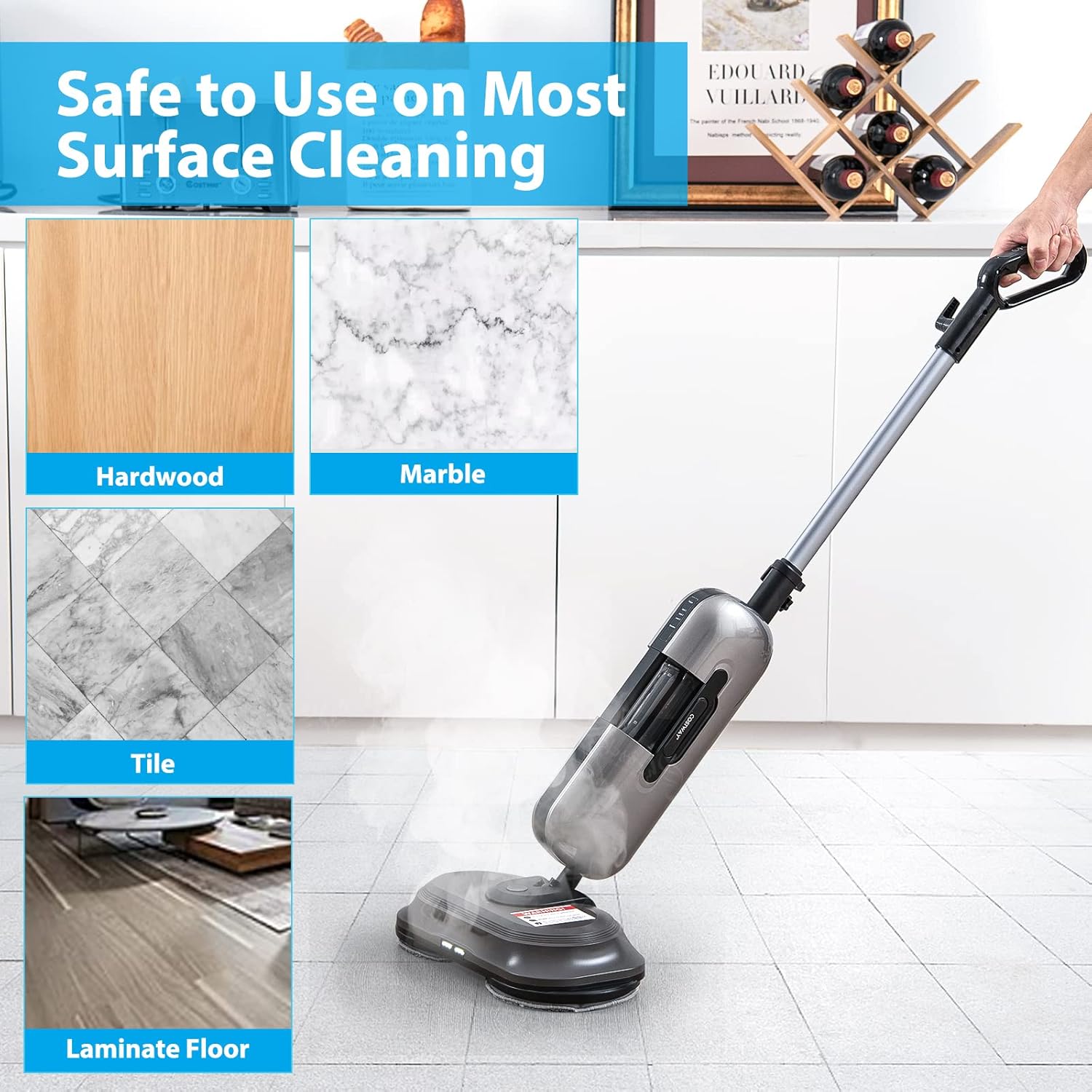 COSTWAY Multipurpose Steam Cleaner, 180° Dual Rotating Handheld Steam Mop with 230°F Hot Steam, 3 Steam Levels, 410Ml Water Tank, Led Headlights, 2 Washable Pads, for Hardwood Floor Laminate, 1100W