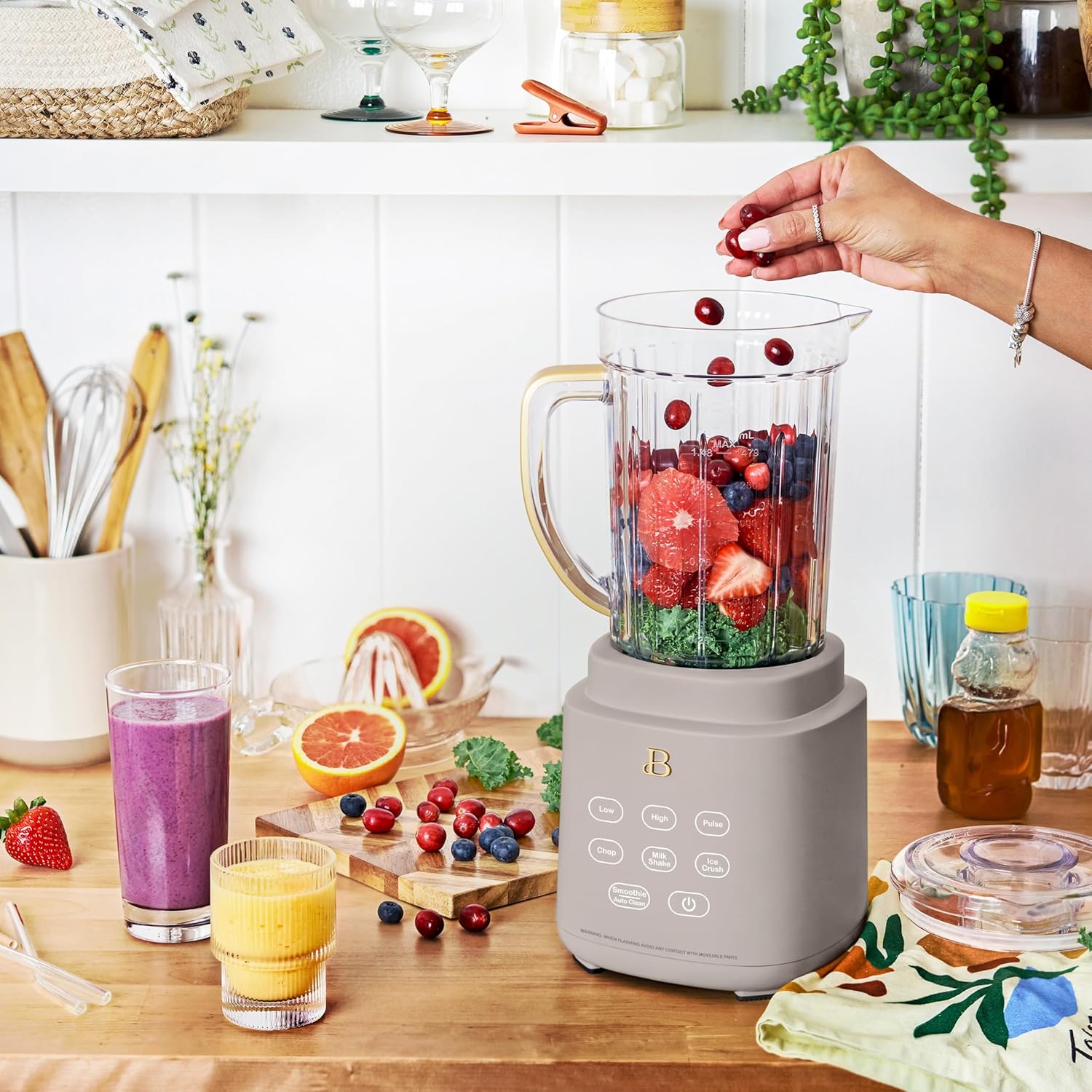 B'eautiful PowerExact High-Performance 700-Watt Blender by Drew Barrymore, 50-Ounce Pitcher, Stainless 4-Tip Blade, 3 Speeds + 4 Presets, Dishwasher-Safe Parts, Travel Cup Included (Porcini Taupe)
