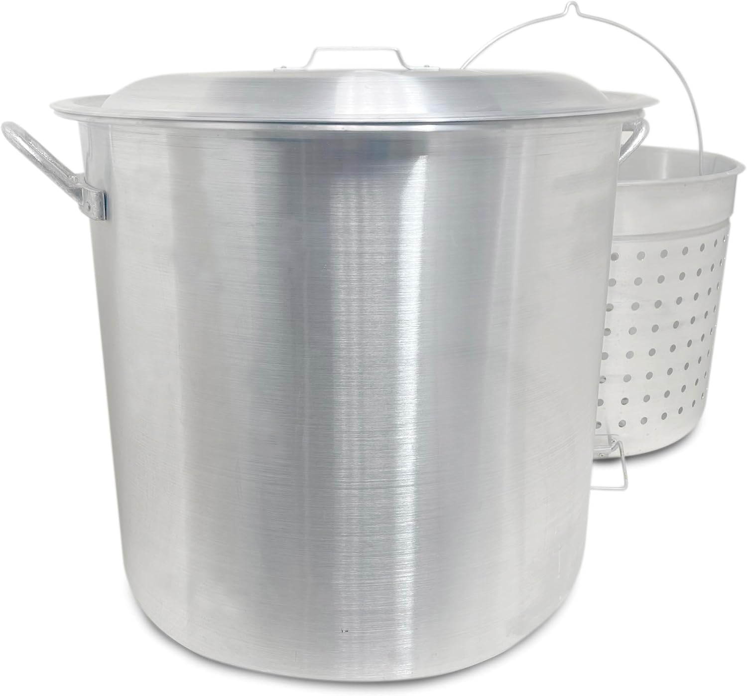 Bayou Classic 1600 Handcrafted 160-qt Aluminum Bayou Boiler Features Heavy-Duty Riveted Handles Reinforced Boiling Basket w/Helper Handle Made w/Heavy Gauge Aluminum