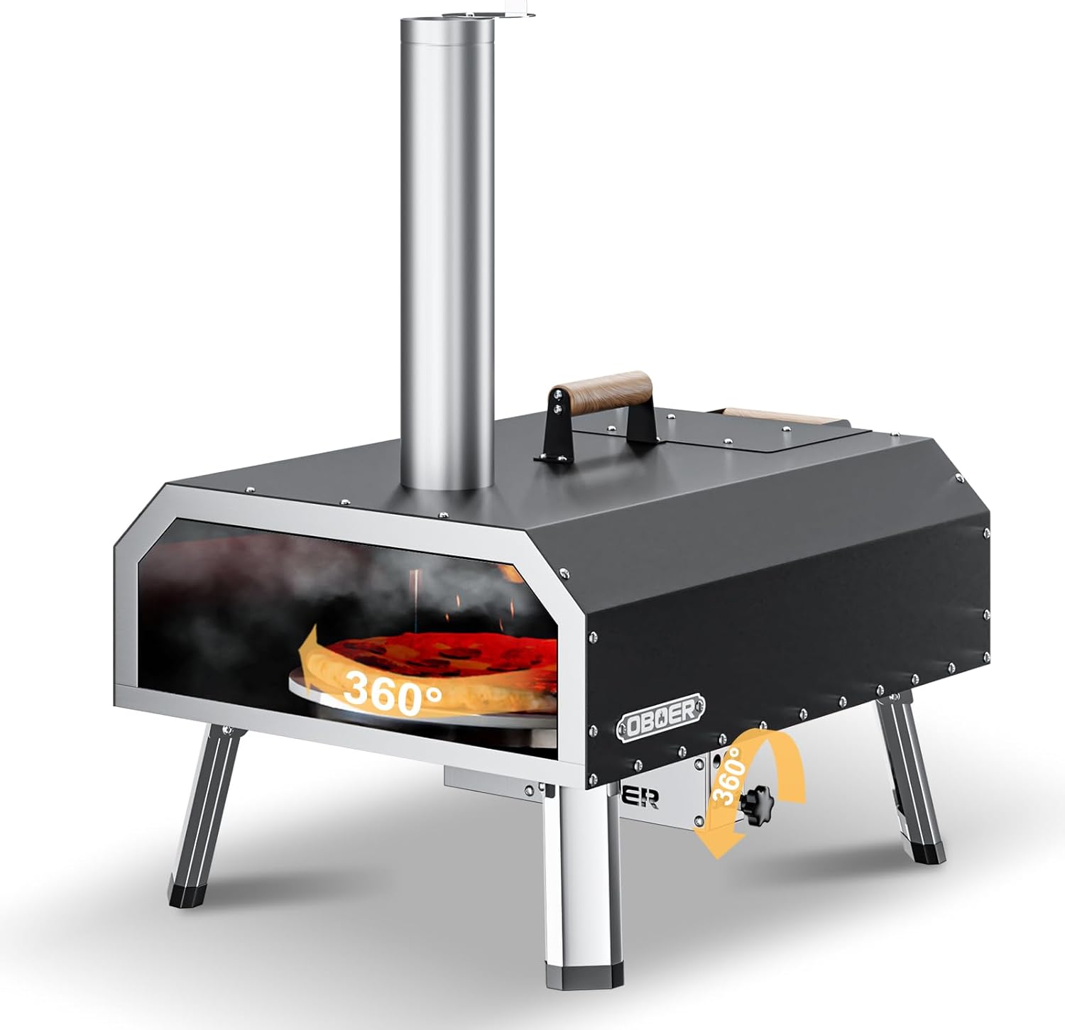 ABORON Pizza Oven,16'' Multi-Fuel Rotatable Outdoor Pizza Ovens, Wood Fired and Gas Portable Pizza Oven,Stainless Steel 3-Layer Pizza Maker with Built-in Thermometer,Pizza Cutter & Carry Bag