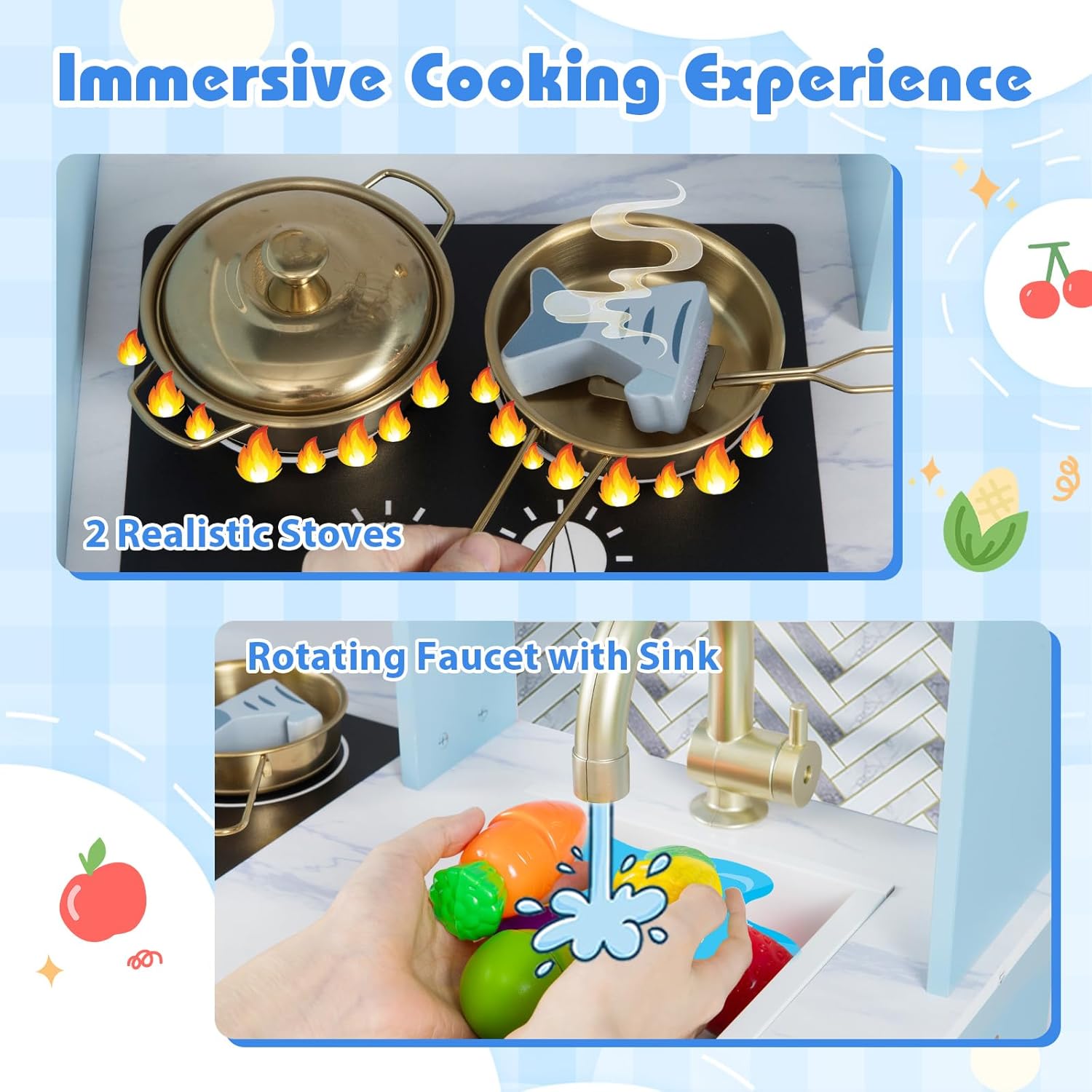 Costzon Kids Kitchen Playset, Toddler Pretend Cooking Playset w/Stoves, Faucet, Sink, Coffee Machine, Range Hood, Microwave Oven & Ice Dispenser, Wooden Chef Play Kitchen for Kids Aged 3+ (Blue)