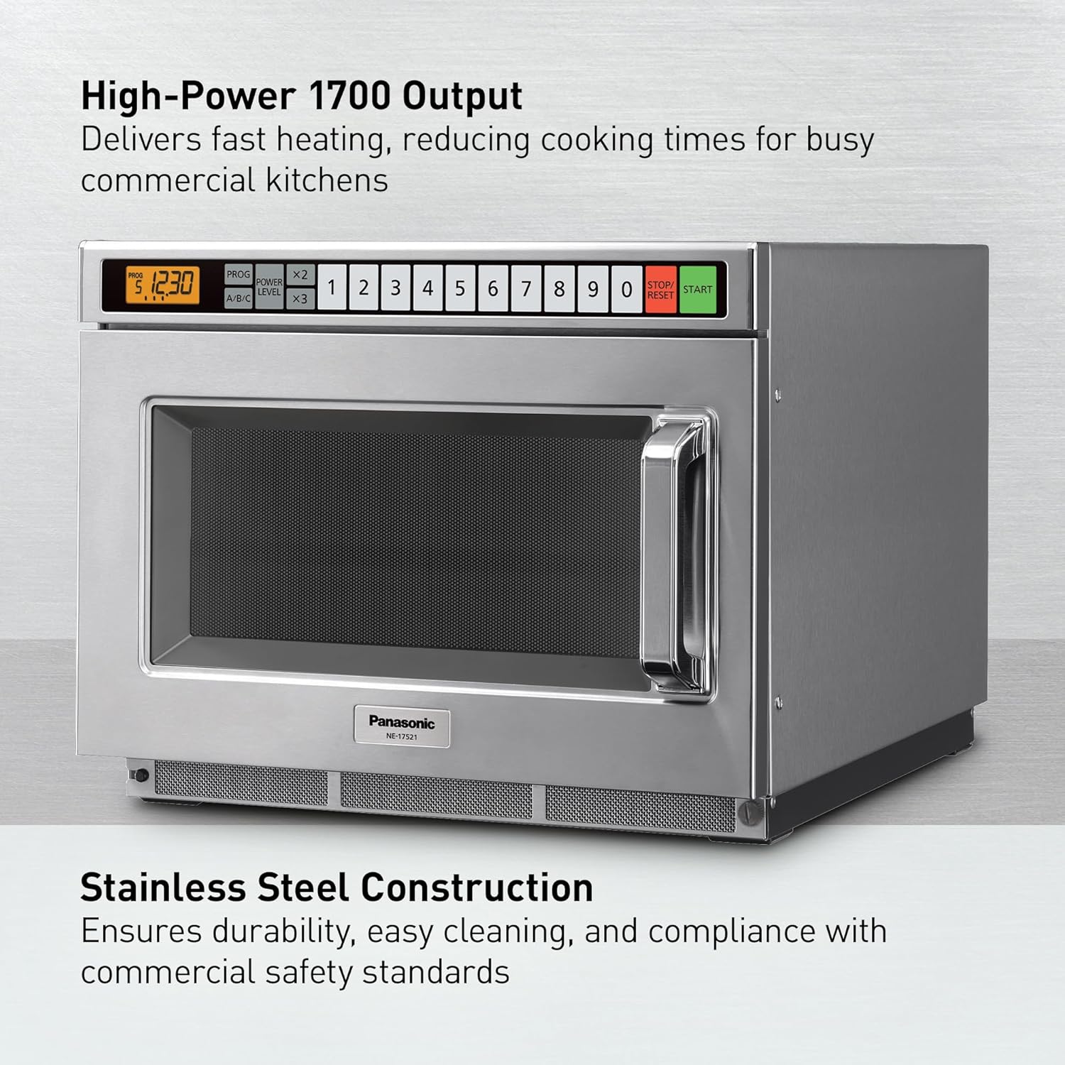 Panasonic PRO1 Commercial Microwave Oven, Heavy Duty, .6 cu ft 1700W, 5-Stage Cooking, LCD Display, Stainless Steel, Programmable, NSF & UL Approved - NE-17521