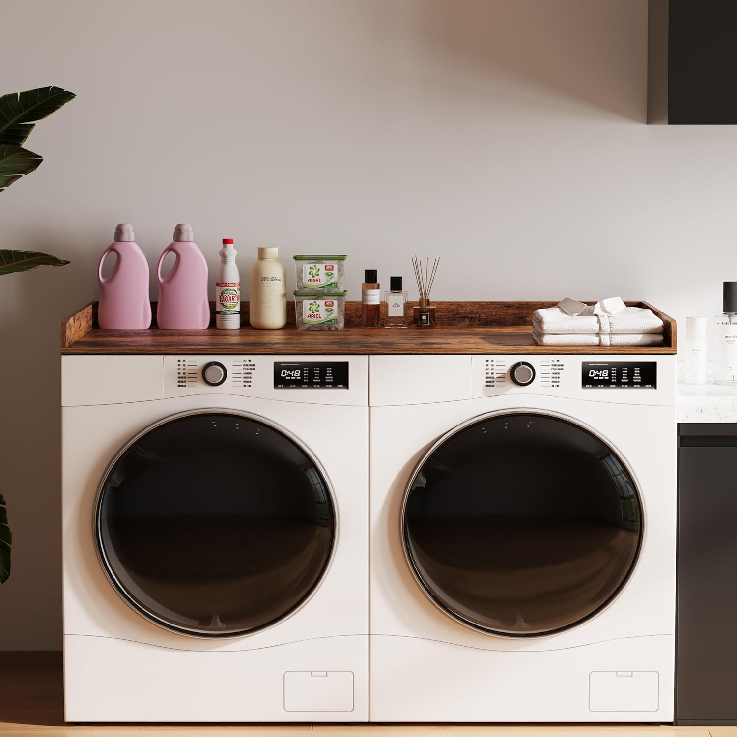 Washer Dryer countertop with Edge Rails and Non-Slip Mat,Wooden Laundry Countertop for Laundry Room Storage Organization (Rustic Brown, Full)