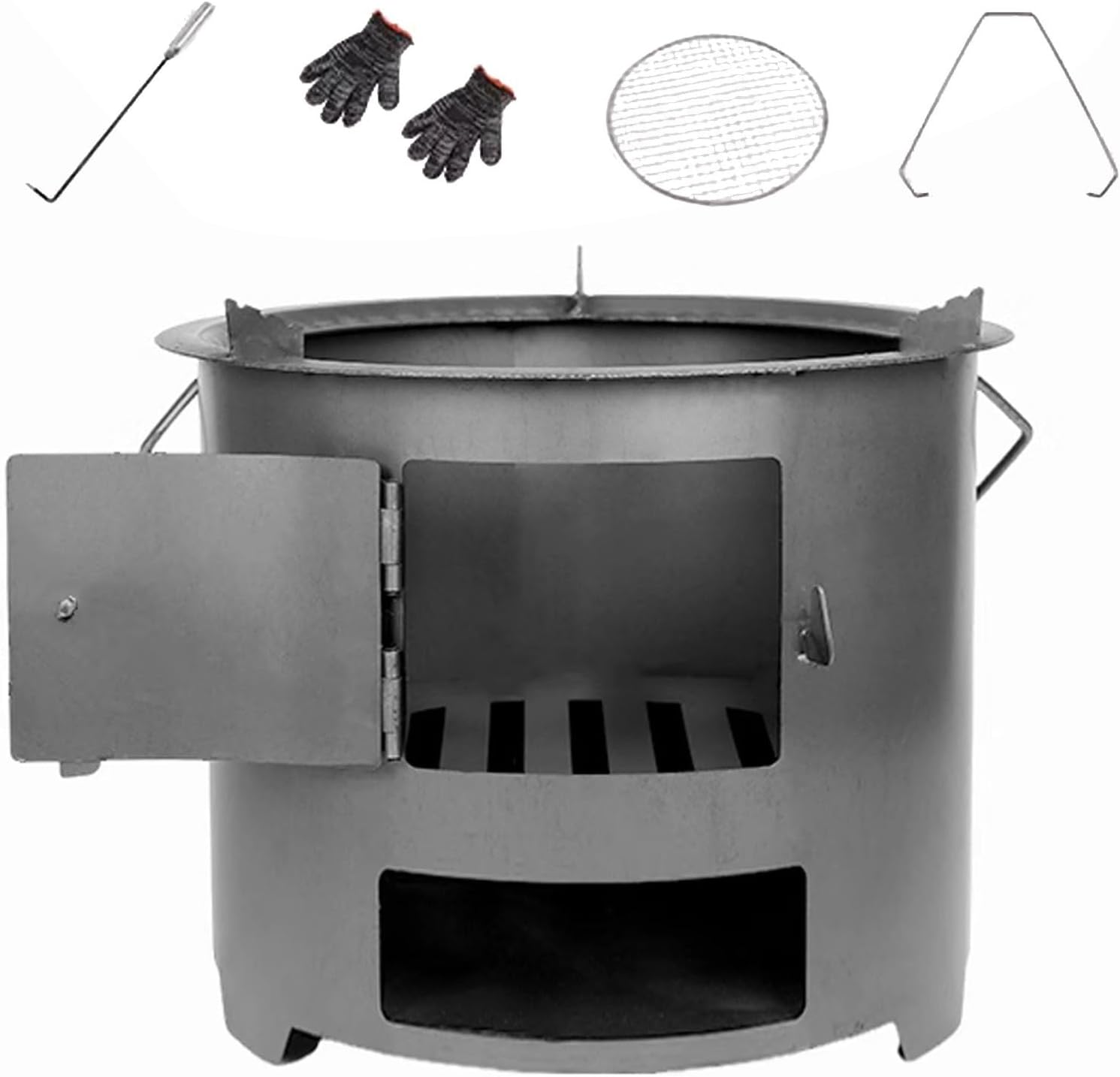 Rocket Stove Outdoor Cooking Stove Includes Carrying Handle, Hook, and Grill Rack Made of Iron Camping Cookware Multiple Fuels Available Top Triangular Support Bracket