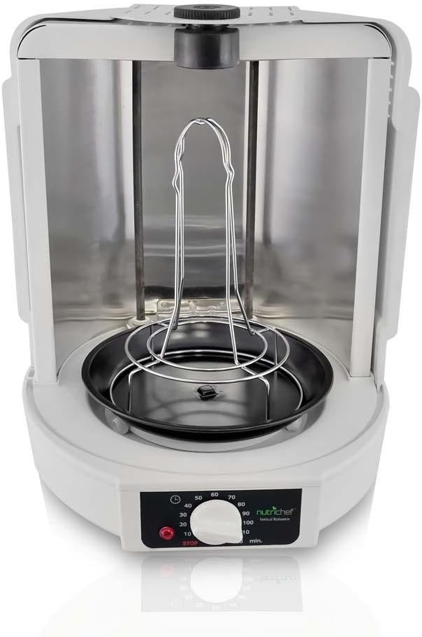 NutriChef Vertical Rotisserie Oven Roaster – Electric Shawarma & Kebab Machine with Skewers, Basket Tower, Poultry Rack, Drip Tray – For Chicken, Turkey, Lamb, Beef – (White)