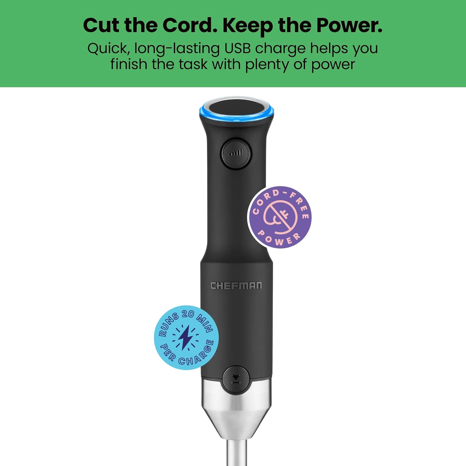 Chefman Cordless Power Portable Immersion Blender, Ice Crushing Power with One-Touch Speed Control, USB Charging, Quickly Mixes Smoothies, Purees Soups, Dips, Sauces, Storage Case, Stainless Steel