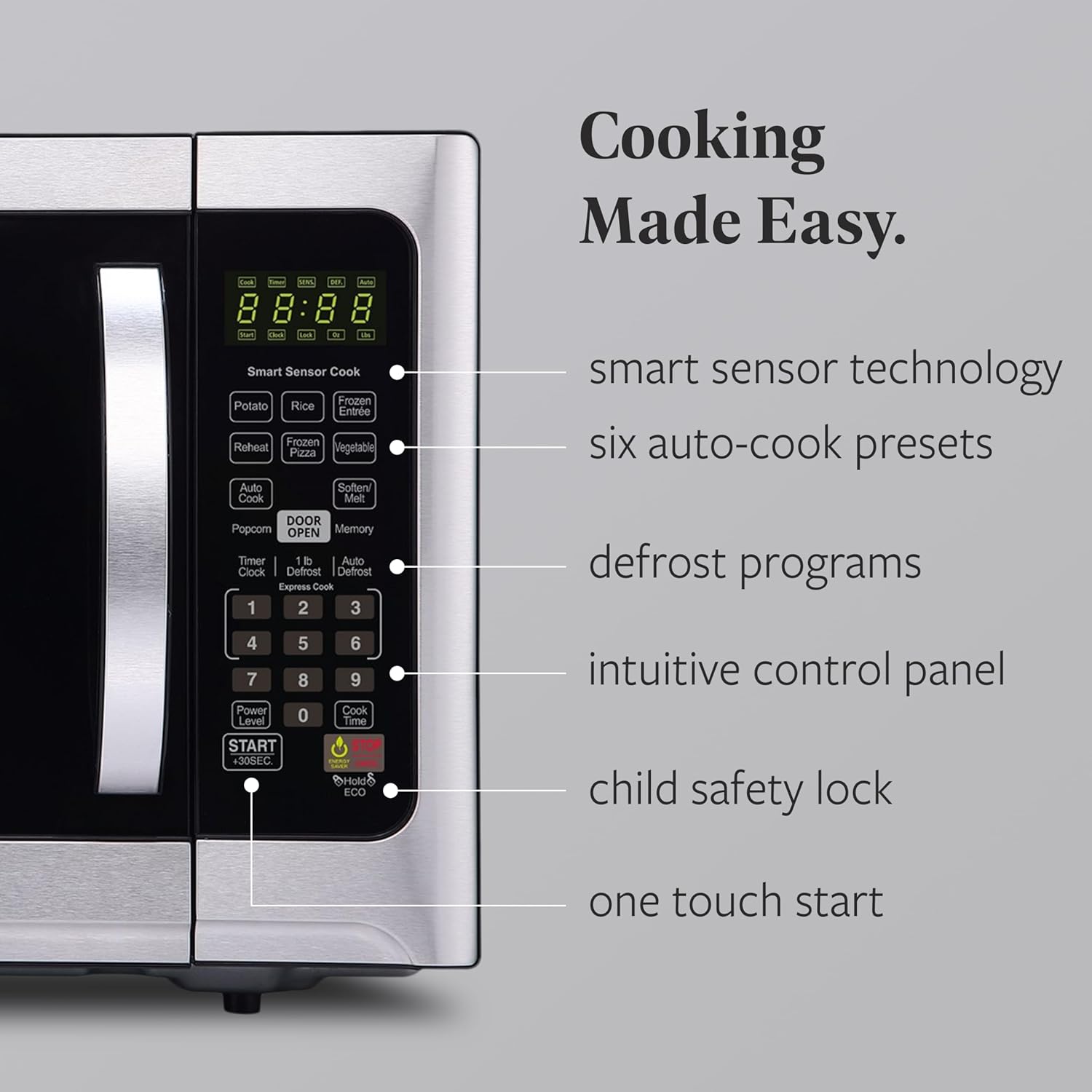 Farberware 1.2 Cu. Ft. Countertop Microwave Oven – 1000 Watts Power, Smart Sensor Auto Cook Settings, Defrost, Easy Clean and Child Safety Lock - Stainless