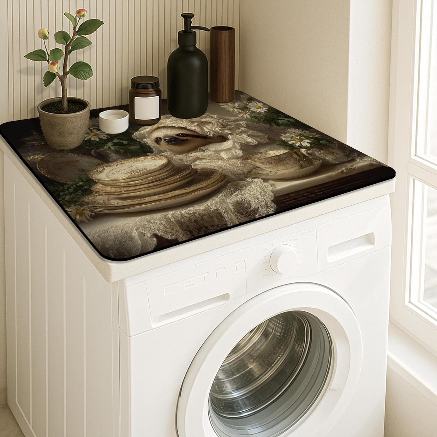 Quaint Sloth Washer Dryer Top Protector Mat, Vintage Floral Laundry Machine Dust Covers, Spring Aurora Rubber Anti-slip Waterproof Washer And Dryer Mats for Laundry Room 24x24 Inch