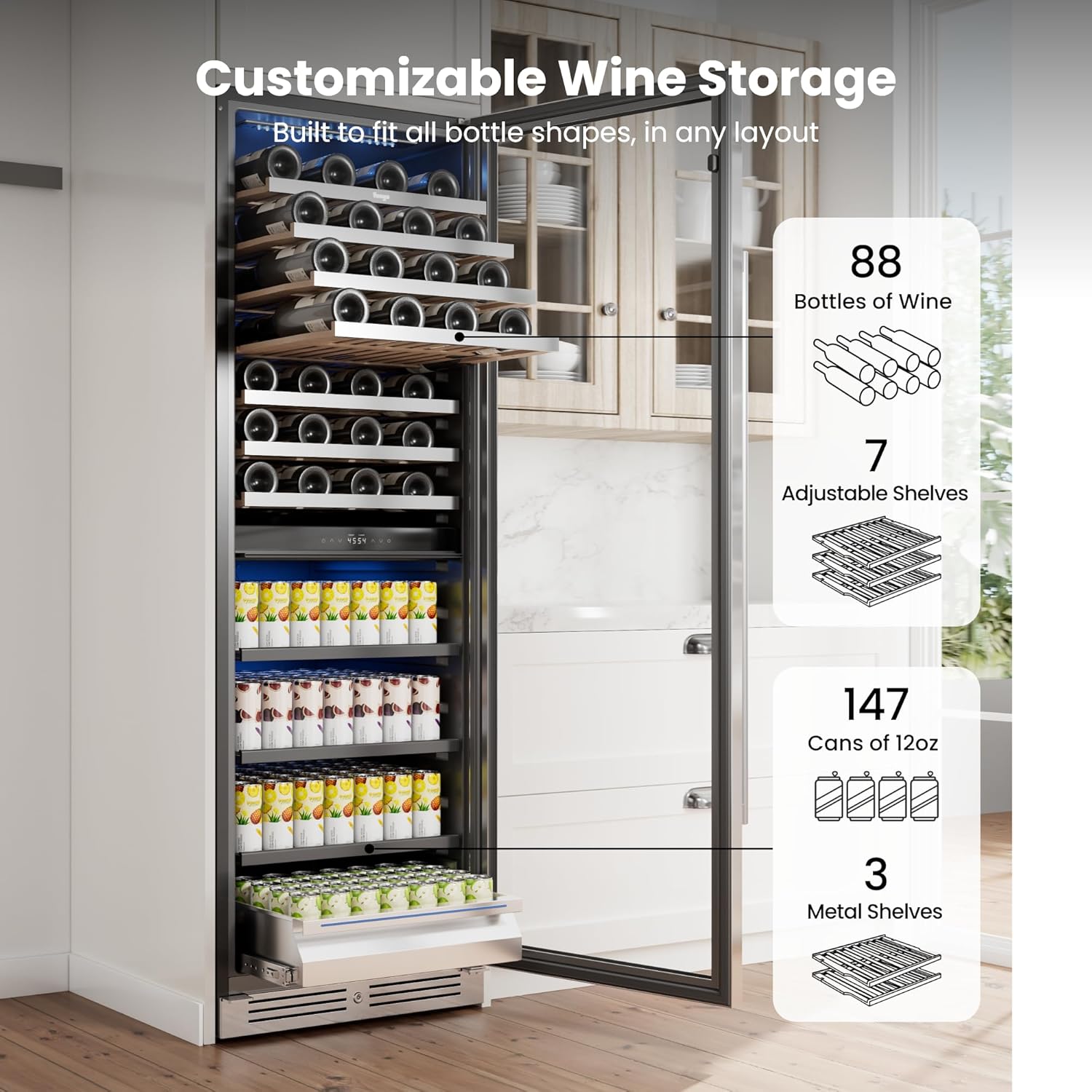 Yeego 24 Inch Wine Fridge – Wine and Beverage Cooler 34°F-65°F, 304 Stainless Steel Glass Door Lock, Temp Memory Blue & White LED Built-in Fridge with Adjustable Shelves (182 Can+77 Bottle)