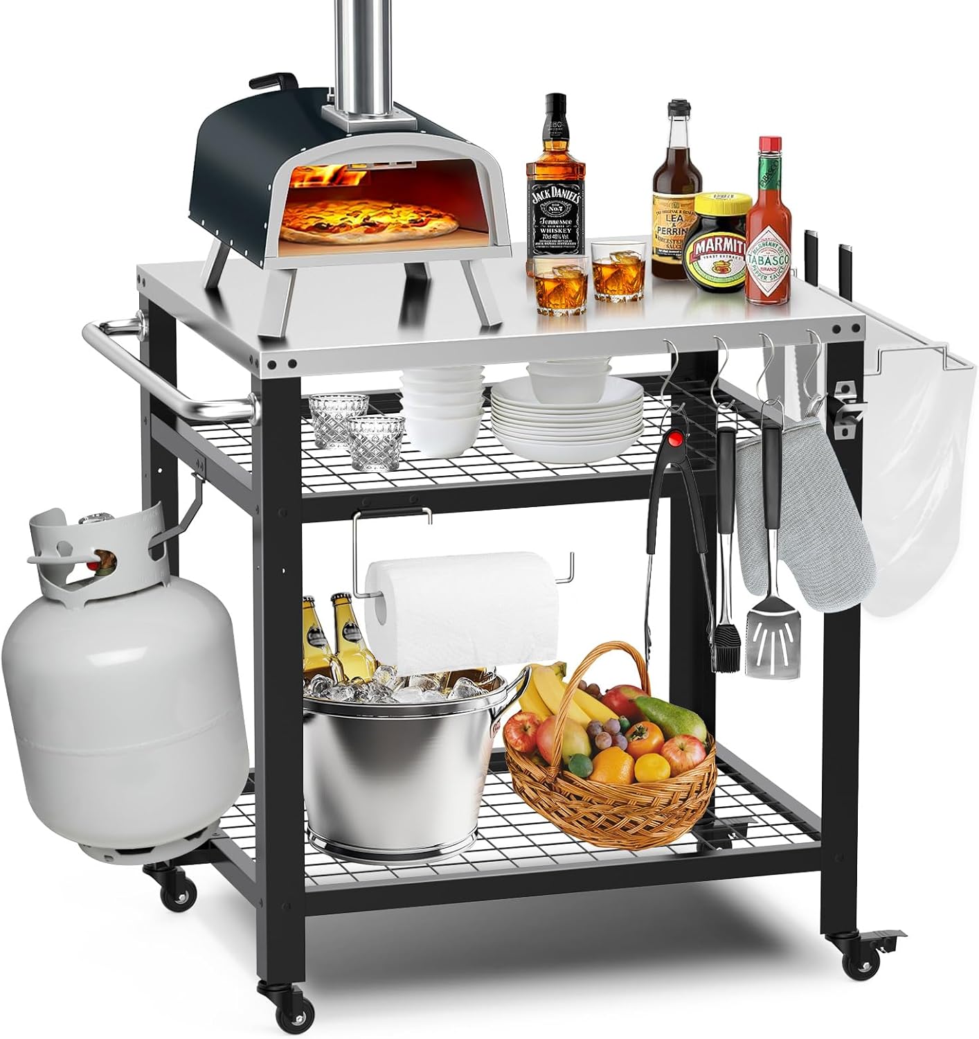Stainless Steel Pizza Oven Table for Ooni, 650lbs Outdoor Grill Cart with Wheels and Handle, 32