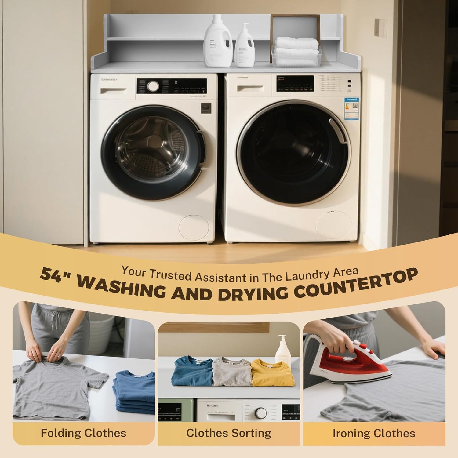 FAHKNS 2-Tier Washer Dryer Countertop - Solid Wood Laundry Topper with Anti-Slip Mat, 54